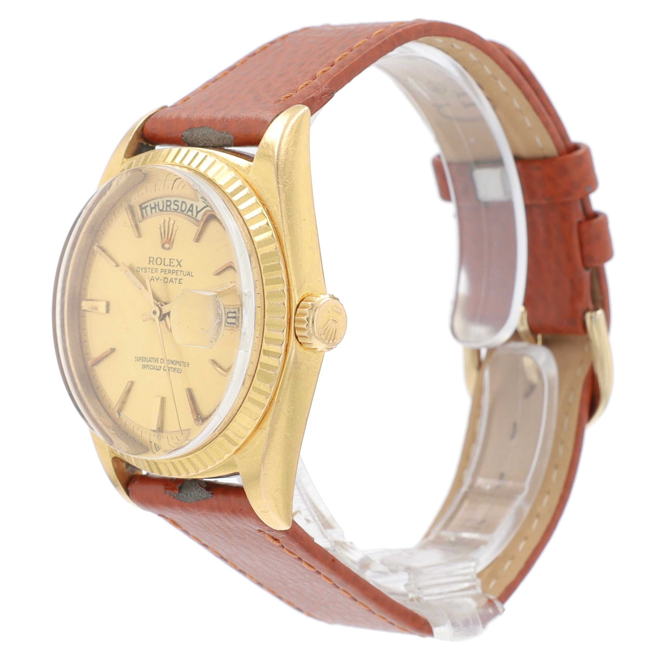 Rolex Day-Date 1803 36mm Champagne Index Dial Fluted Bezel Leather Band