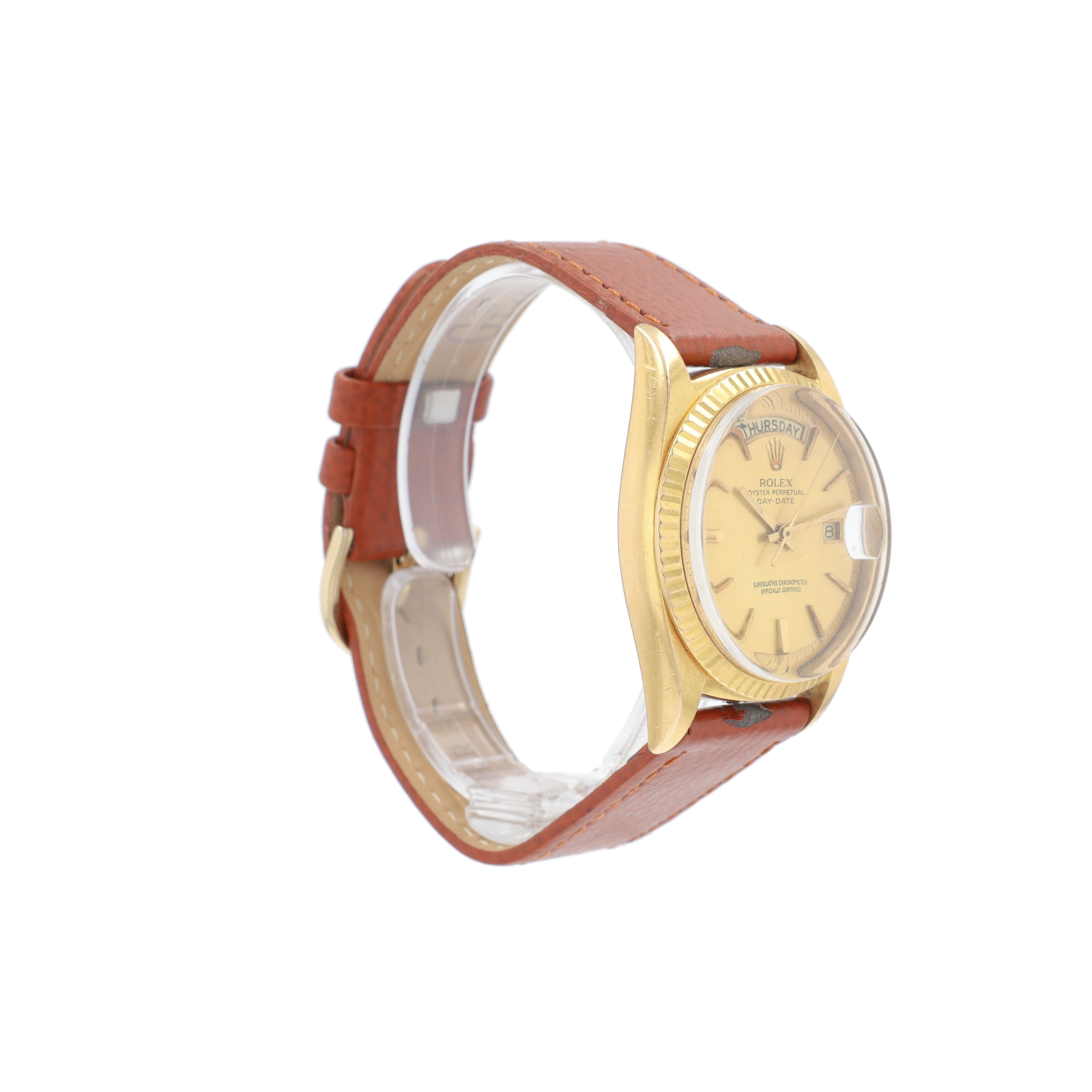 Rolex Day-Date 1803 36mm Champagne Index Dial Fluted Bezel Leather Band - Luxuriant Concierge