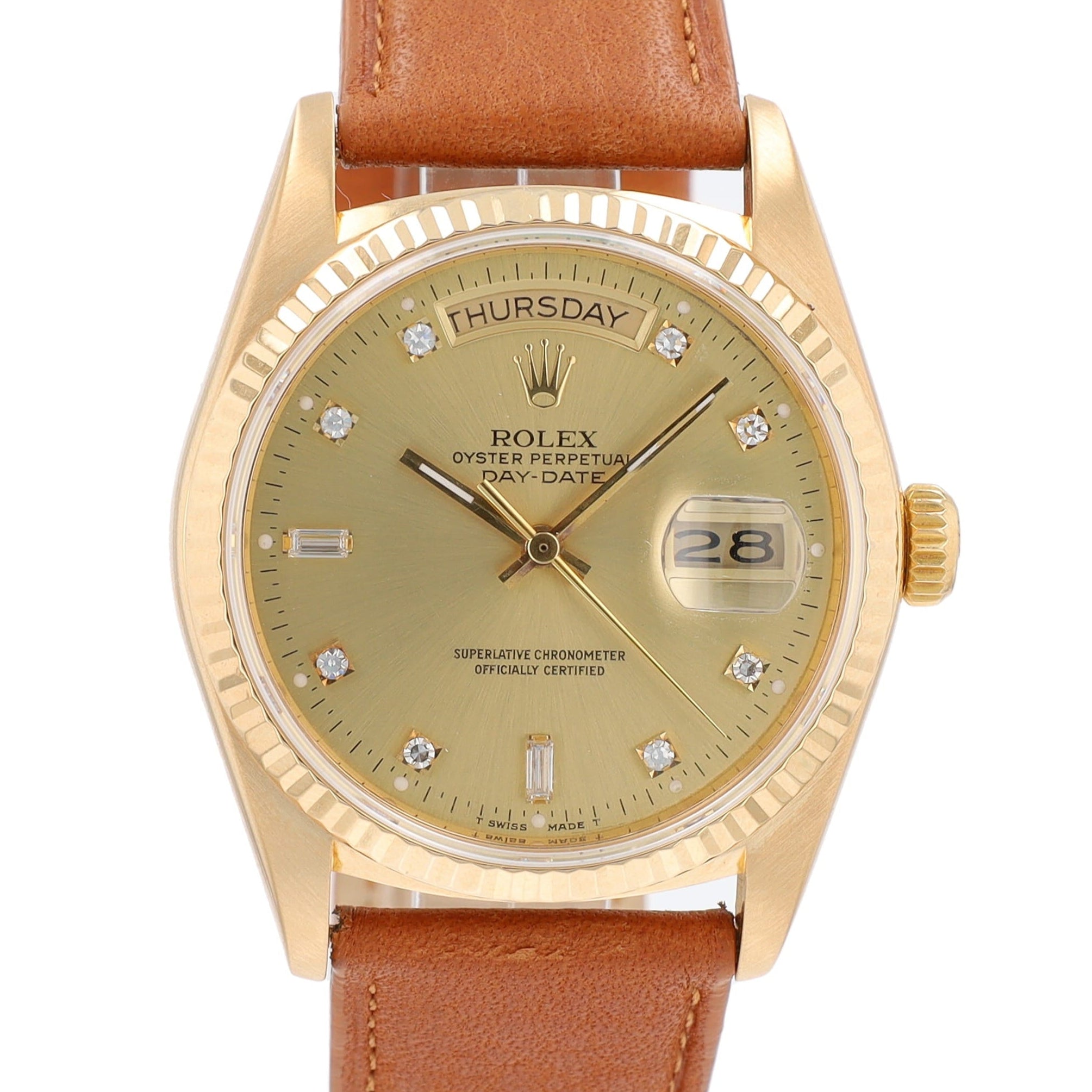 Rolex Day-Date 18038 36mm Champagne 8+2 Baguette Dial Fluted Bezel Leather Band - Luxuriant Concierge