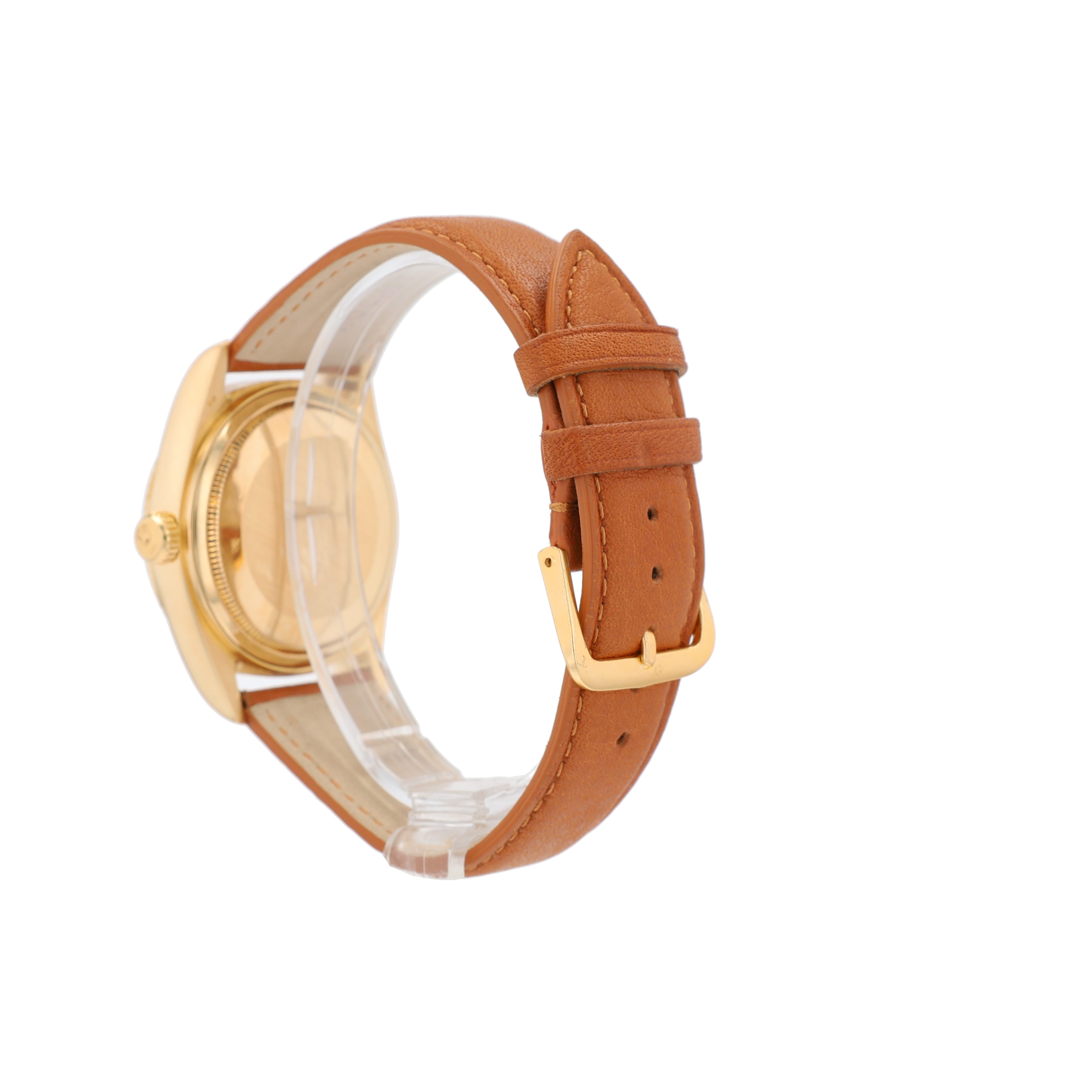 Rolex Day-Date 18038 36mm Champagne 8+2 Baguette Dial Fluted Bezel Leather Band - Luxuriant Concierge
