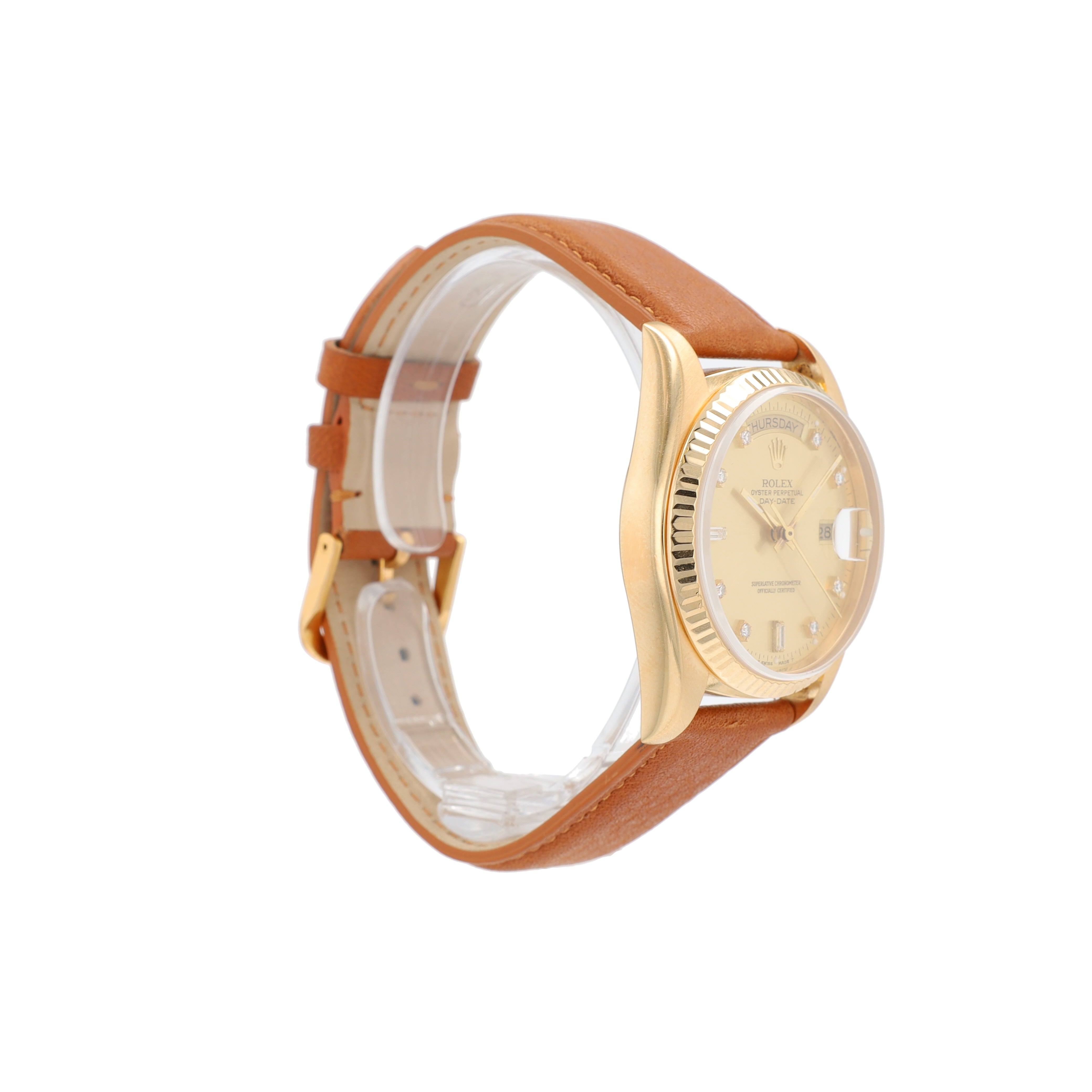 Rolex Day-Date 18038 36mm Champagne 8+2 Baguette Dial Fluted Bezel Leather Band - Luxuriant Concierge
