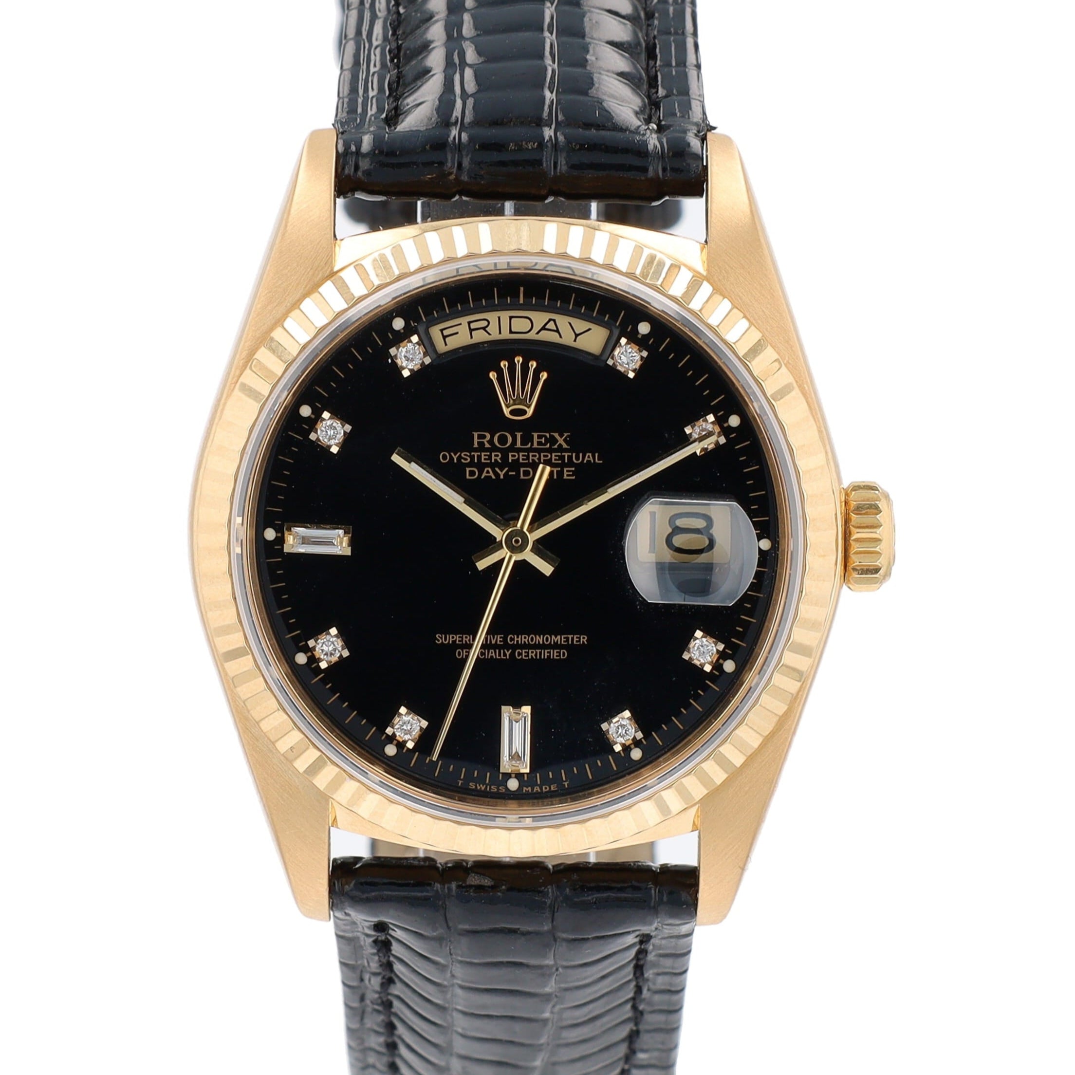 Rolex Day-Date 18038 36mm Black 8+2 Baguette Dial Fluted Bezel Leather Band - Luxuriant Concierge