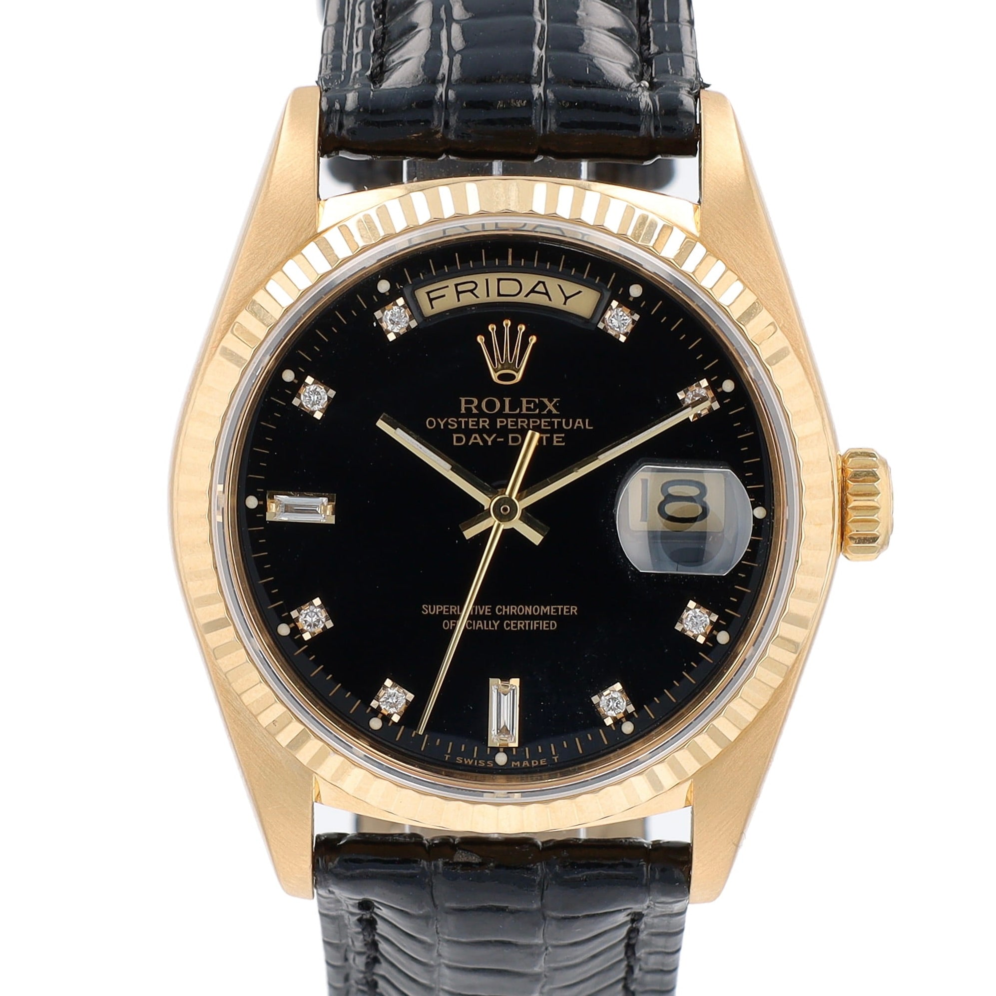 Rolex Day-Date 18038 36mm Black 8+2 Baguette Dial Fluted Bezel Leather Band