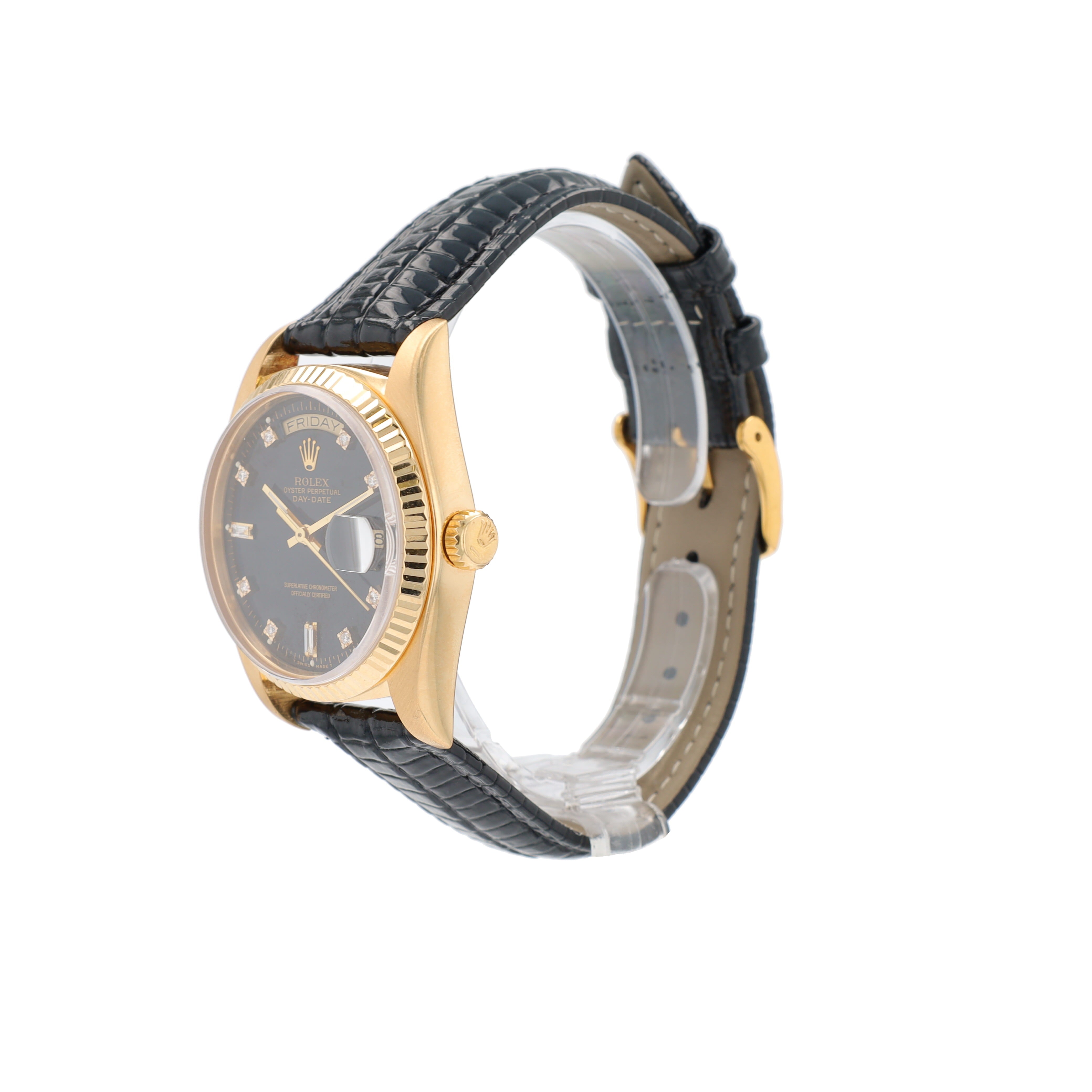 Rolex Day-Date 18038 36mm Black 8+2 Baguette Dial Fluted Bezel Leather Band - Luxuriant Concierge