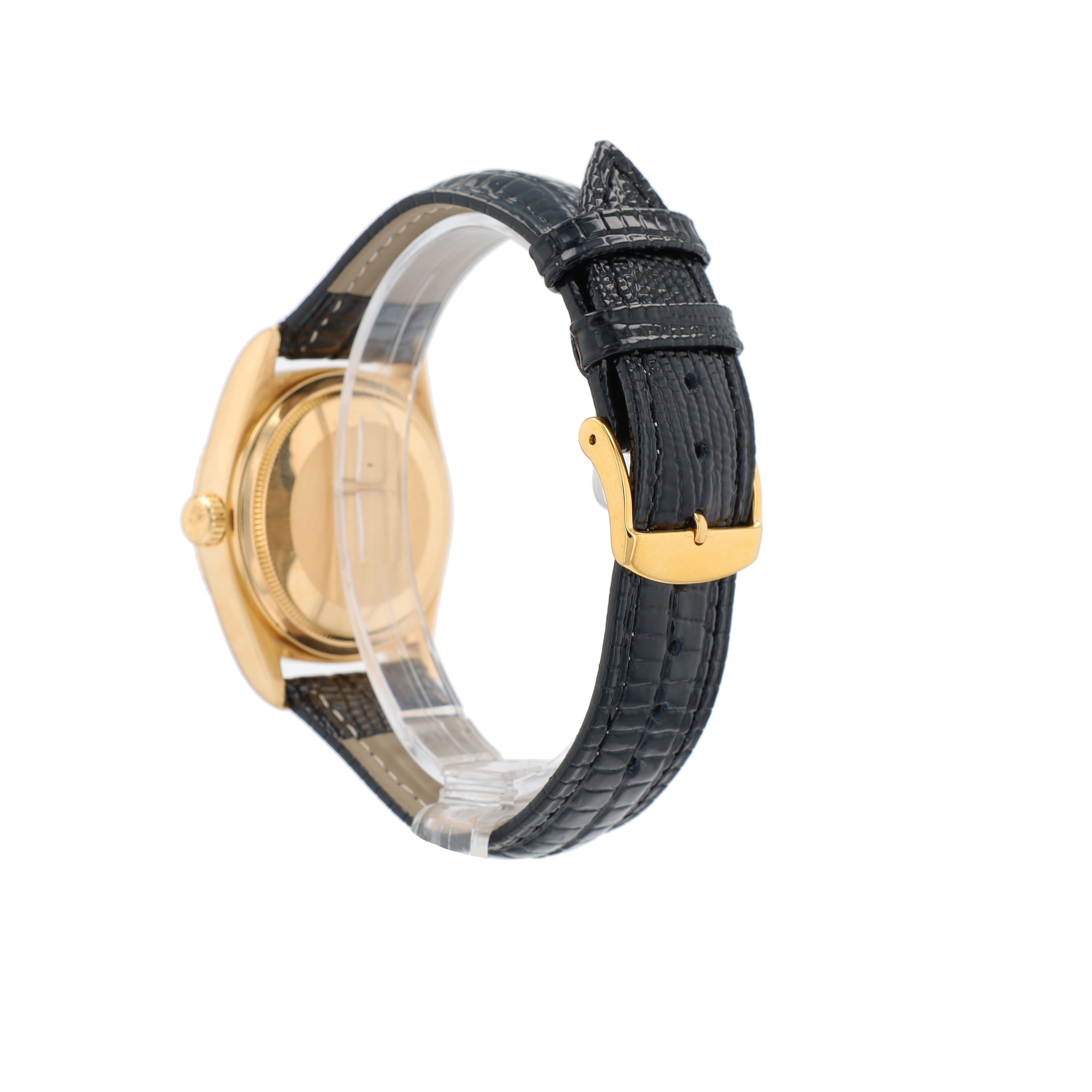 Rolex Day-Date 18038 36mm Black 8+2 Baguette Dial Fluted Bezel Leather Band - Luxuriant Concierge