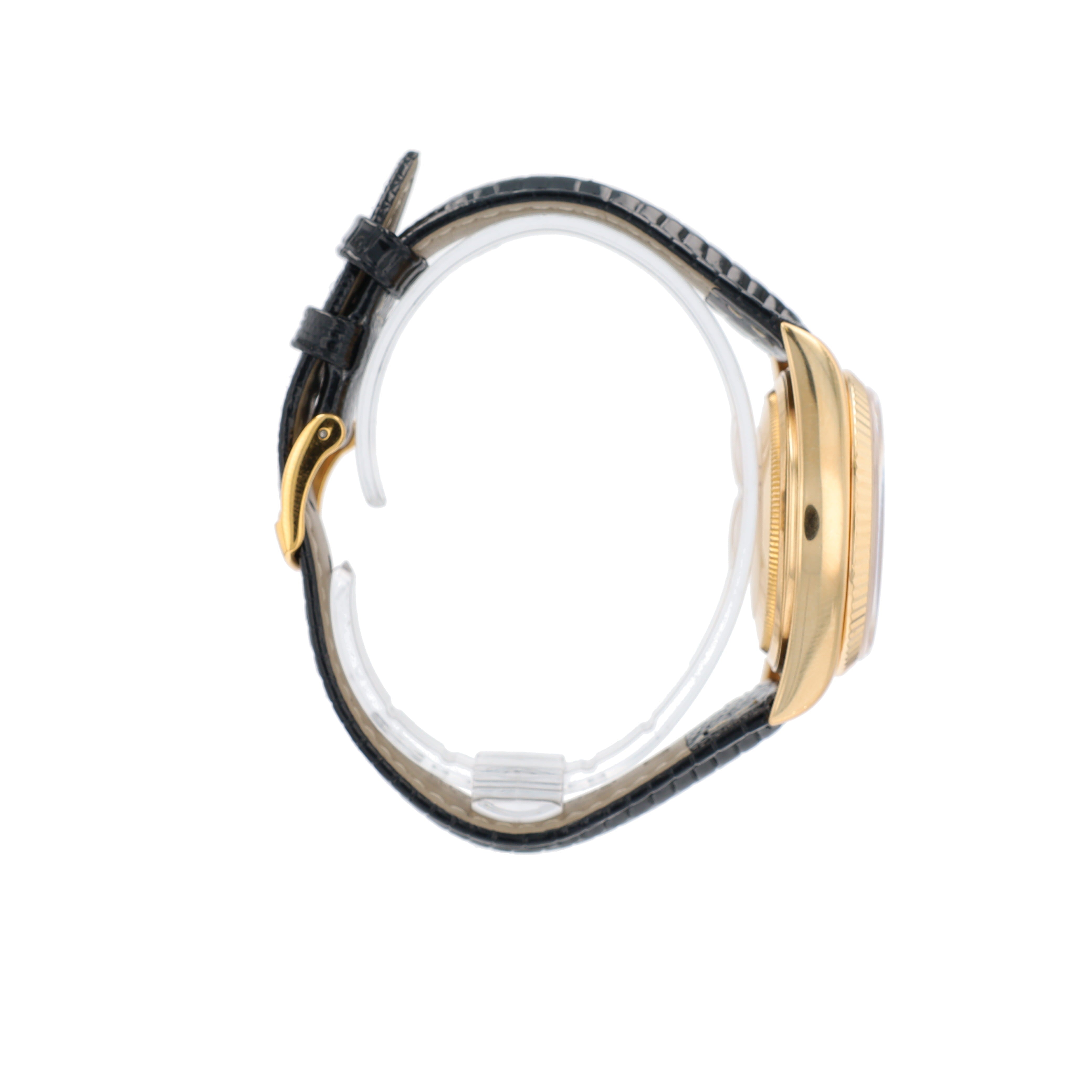 Rolex Day-Date 18038 36mm Black 8+2 Baguette Dial Fluted Bezel Leather Band - Luxuriant Concierge