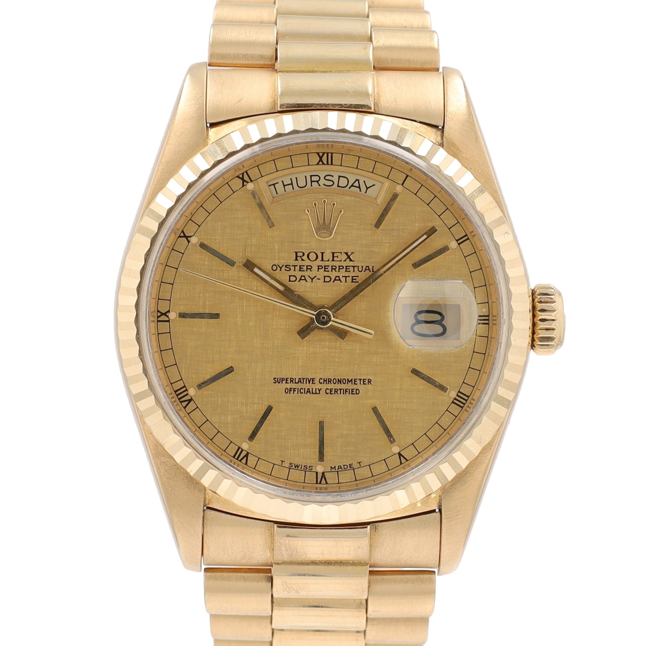 Rolex Day-Date 18038 36mm Champagne Linen Index Dial Fluted Bezel President Band - Luxuriant Concierge