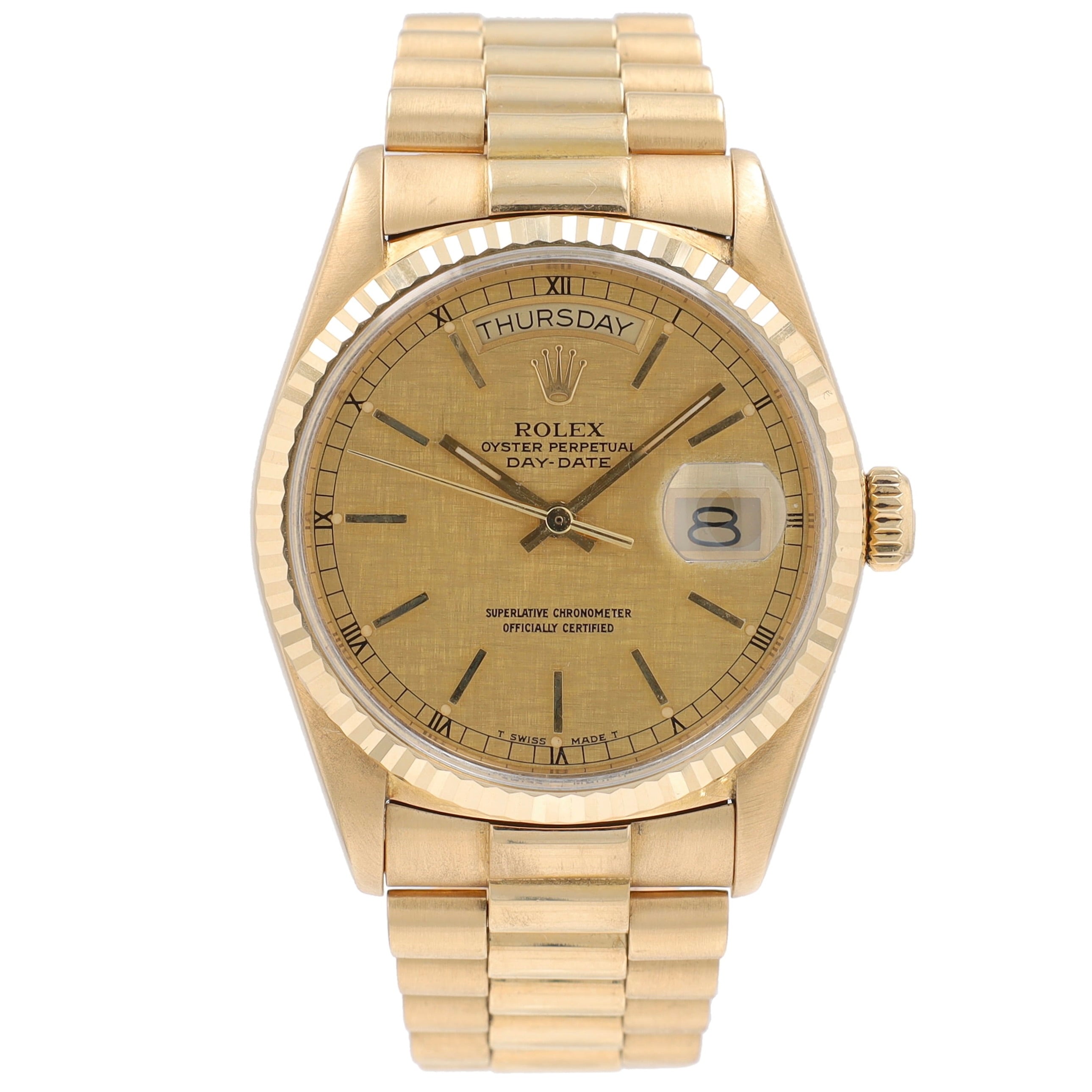 Rolex Day-Date 18038 36mm Champagne Linen Index Dial Fluted Bezel President Band
