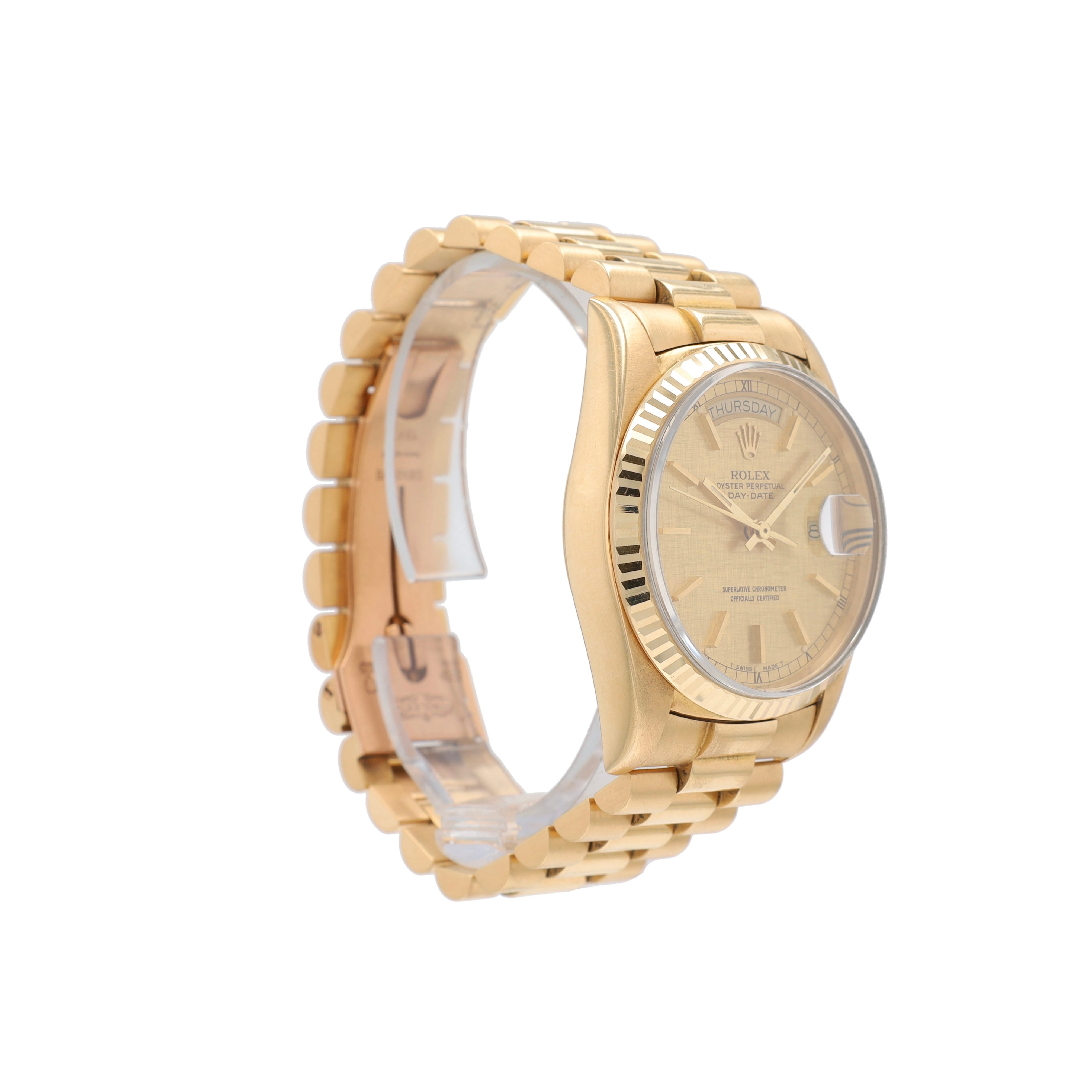 Rolex Day-Date 18038 36mm Champagne Linen Index Dial Fluted Bezel President Band - Luxuriant Concierge