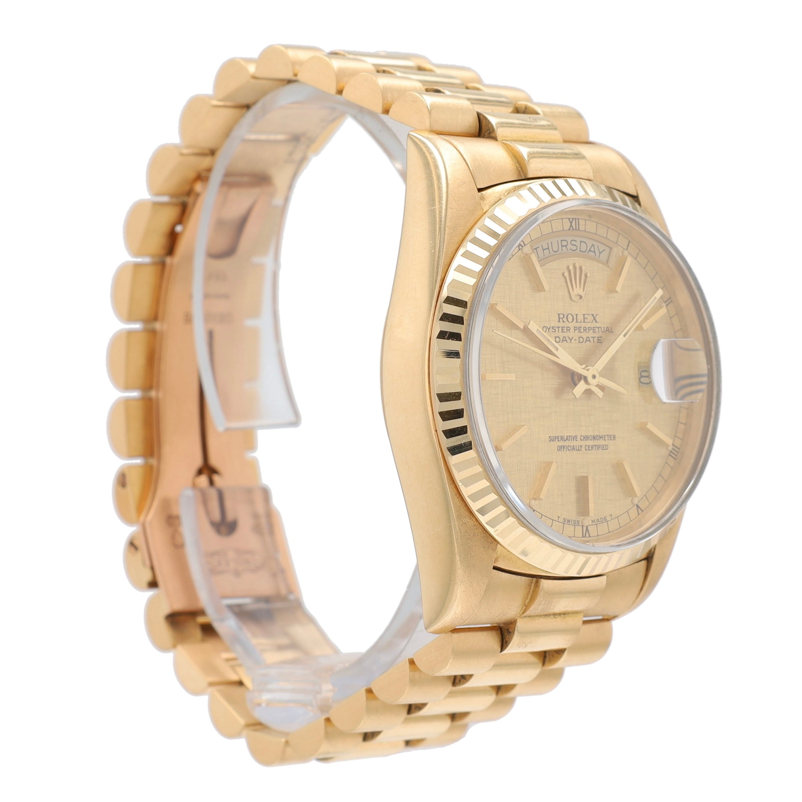 Rolex Day-Date 18038 36mm Champagne Linen Index Dial Fluted Bezel President Band