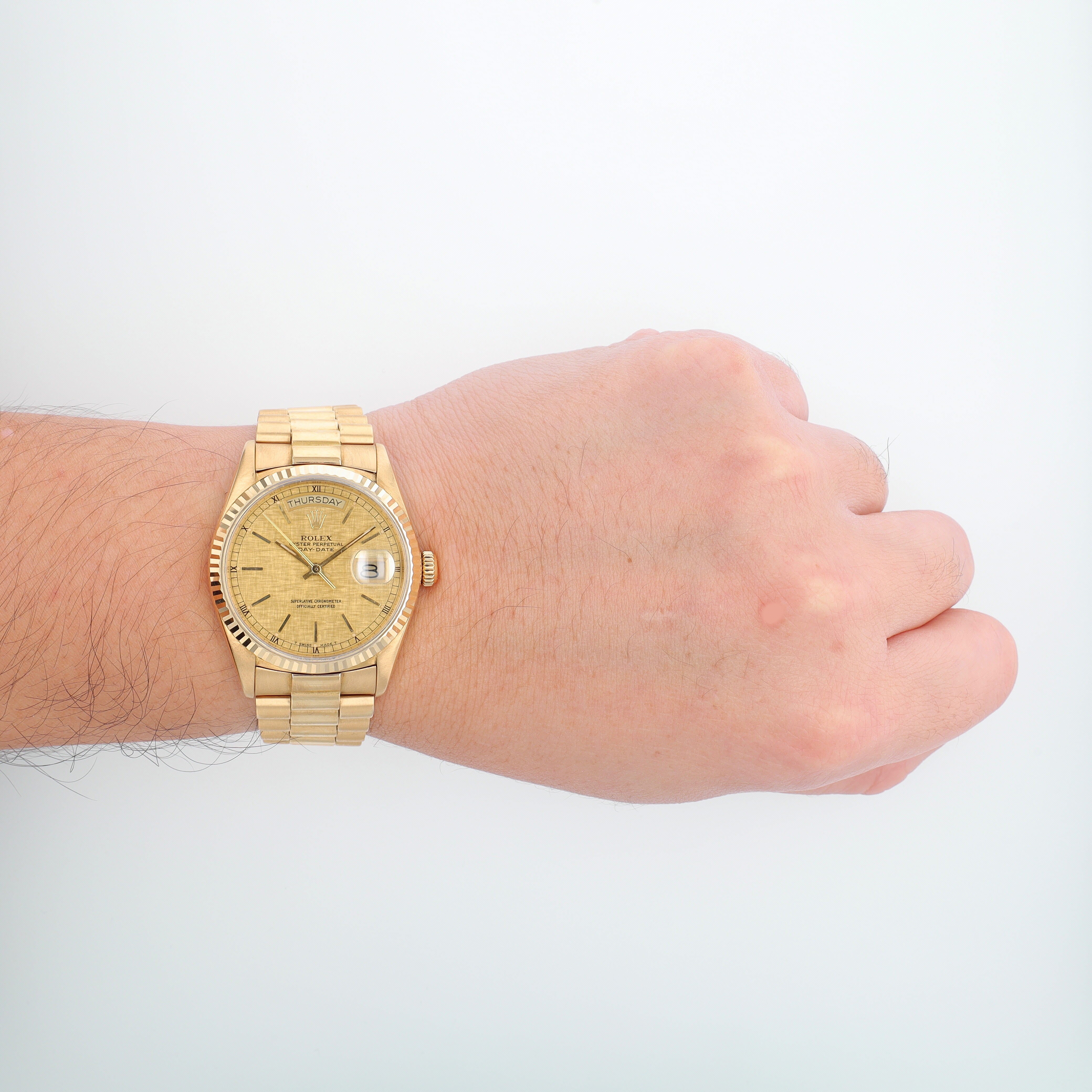 Rolex Day-Date 18038 36mm Champagne Linen Index Dial Fluted Bezel President Band - Luxuriant Concierge