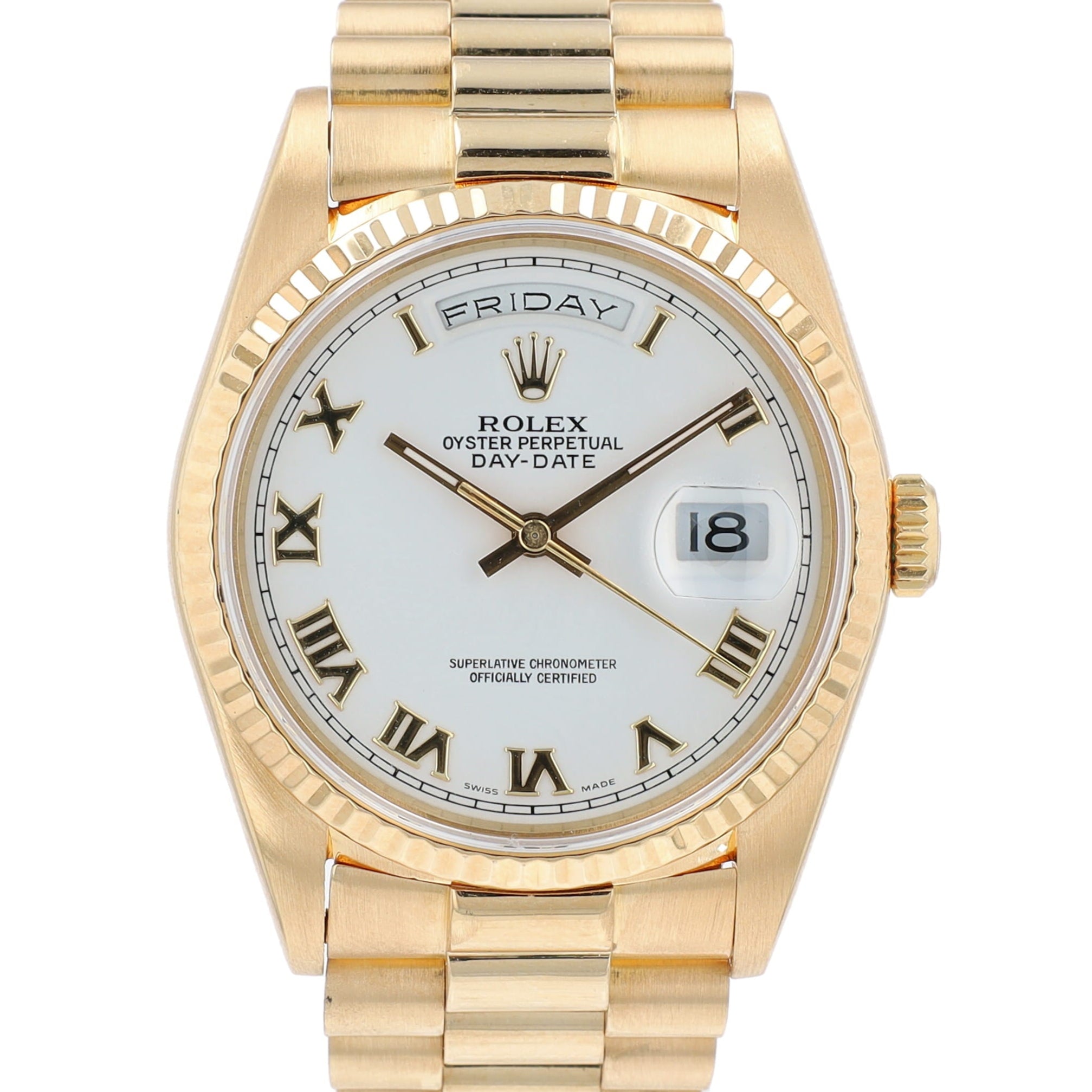 Rolex Day-Date 18238 36mm White Roman Dial Fluted Bezel President Band