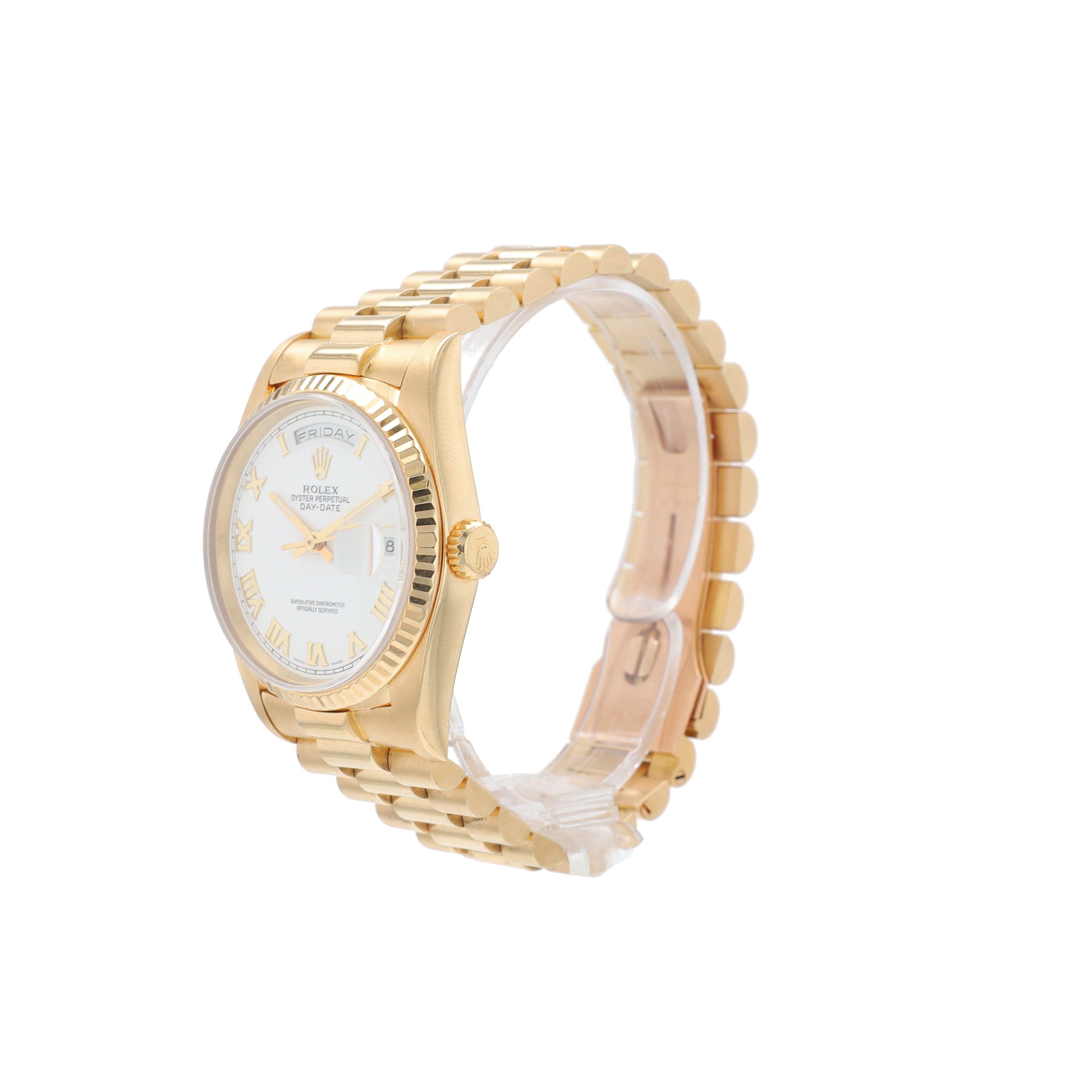 Rolex Day-Date 18238 36mm White Roman Dial Fluted Bezel President Band