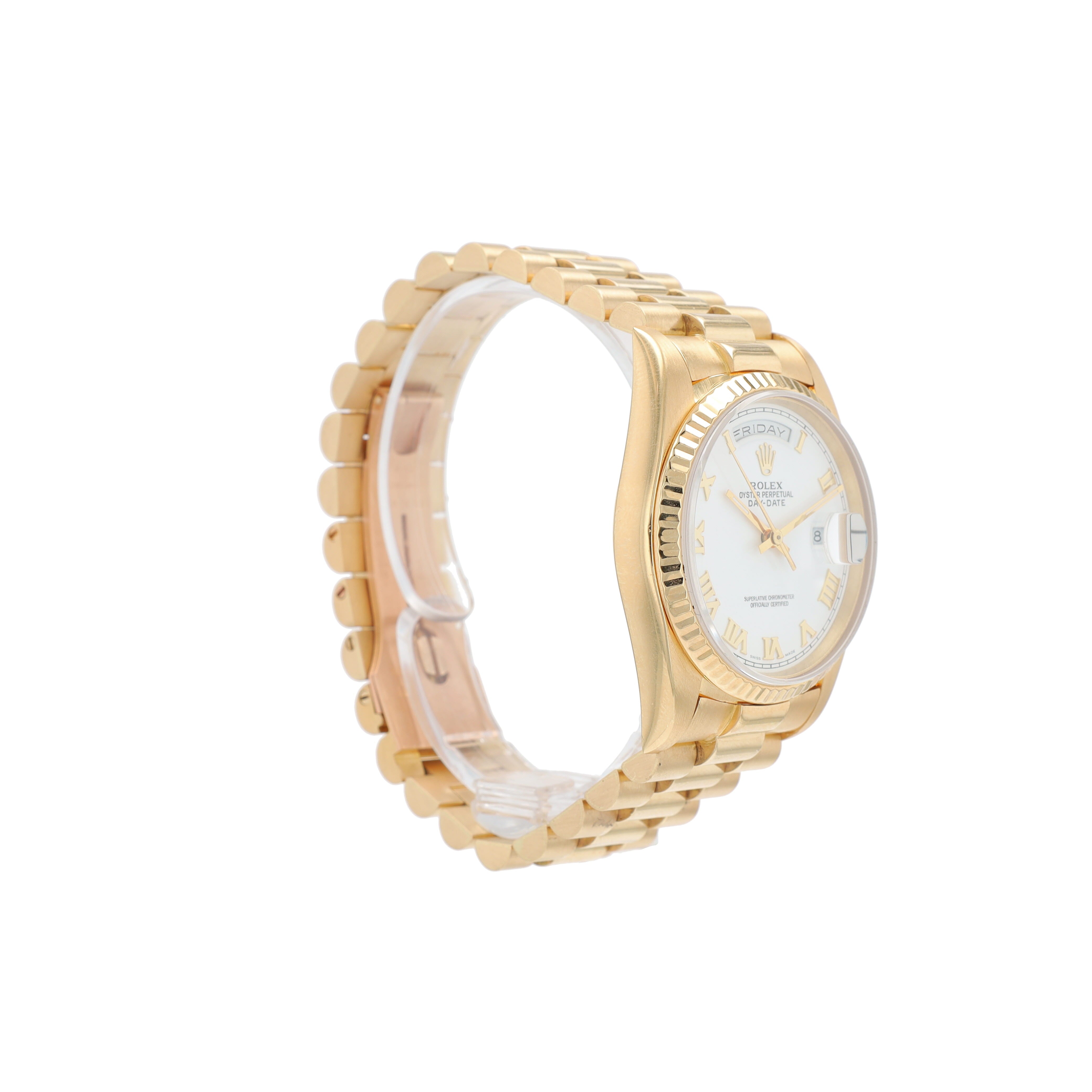Rolex Day-Date 18238 36mm White Roman Dial Fluted Bezel President Band