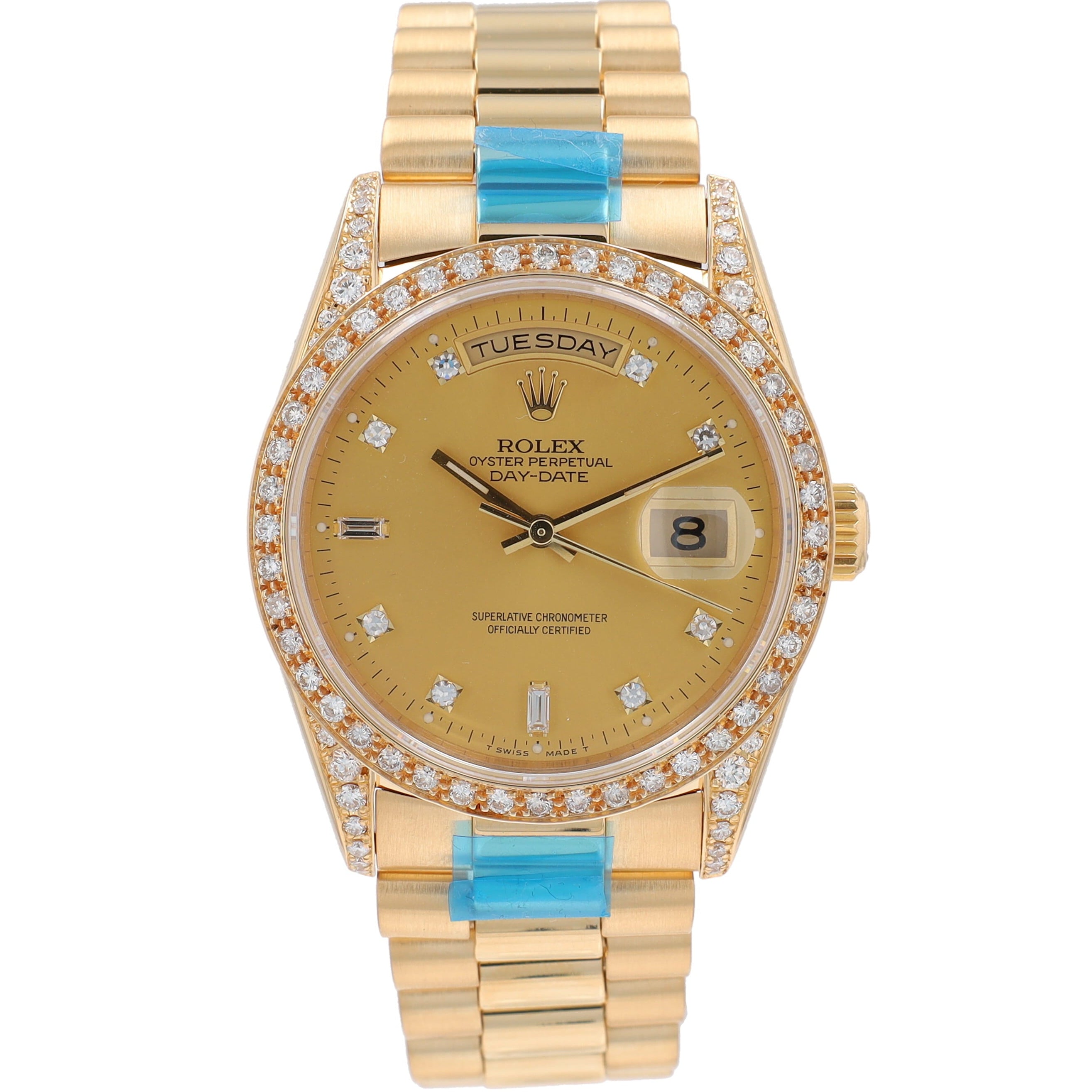 Rolex Day-Date 18238 36mm Champagne 8+2 Baguette Diamond Dial Diamond Pave Bezel President Band - Luxuriant Concierge