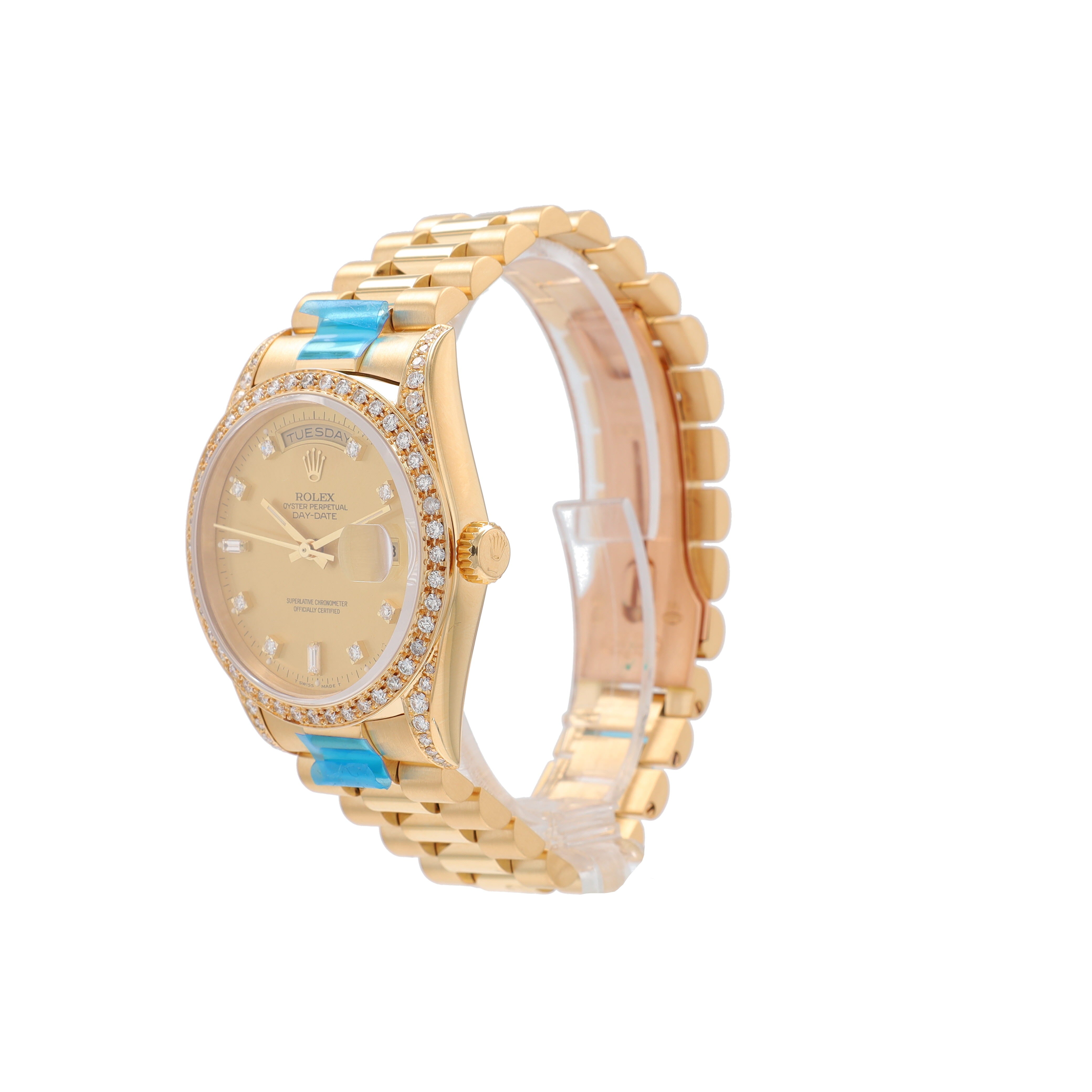 Rolex Day-Date 18238 36mm Champagne 8+2 Baguette Diamond Dial Diamond Pave Bezel President Band - Luxuriant Concierge