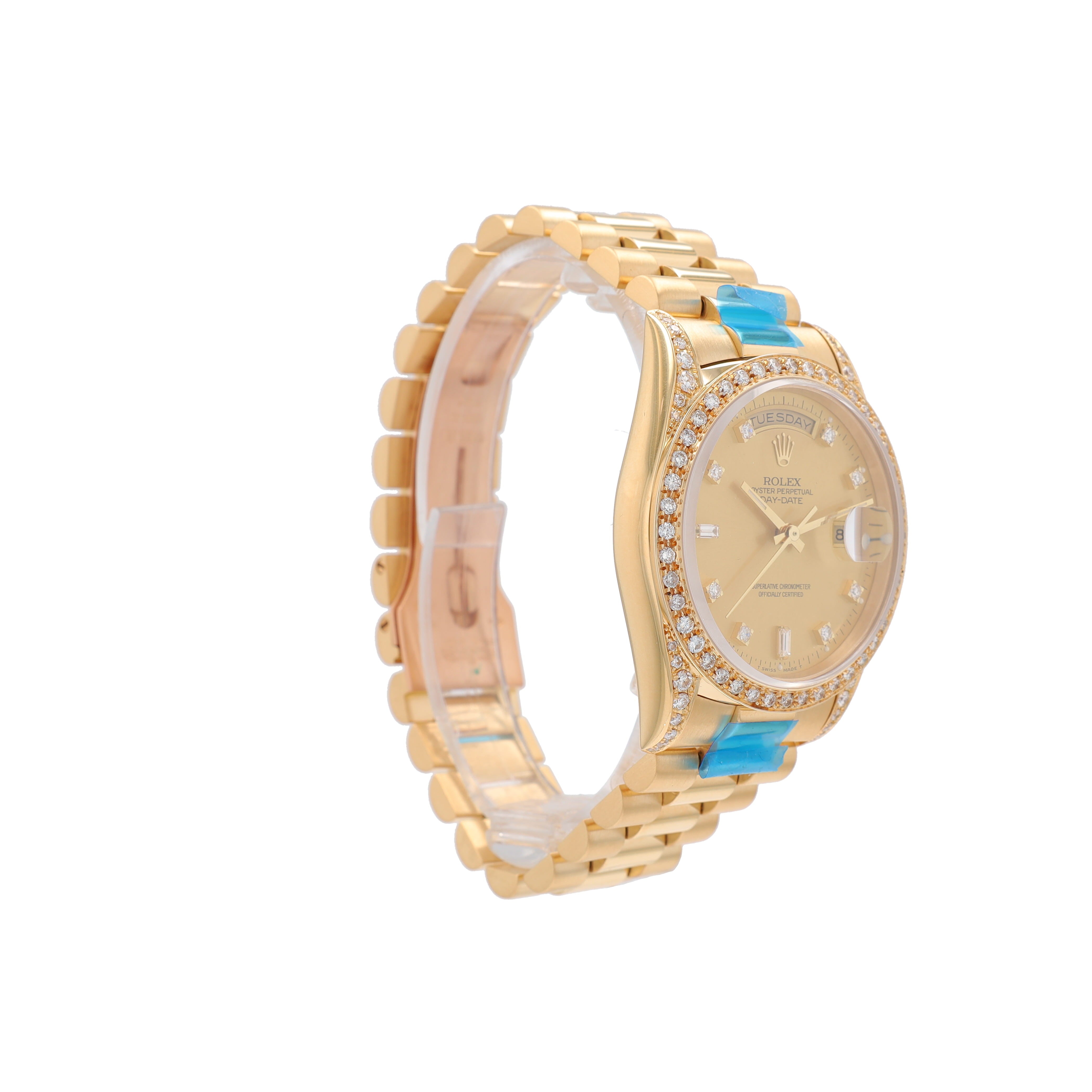 Rolex Day-Date 18238 36mm Champagne 8+2 Baguette Diamond Dial Diamond Pave Bezel President Band - Luxuriant Concierge