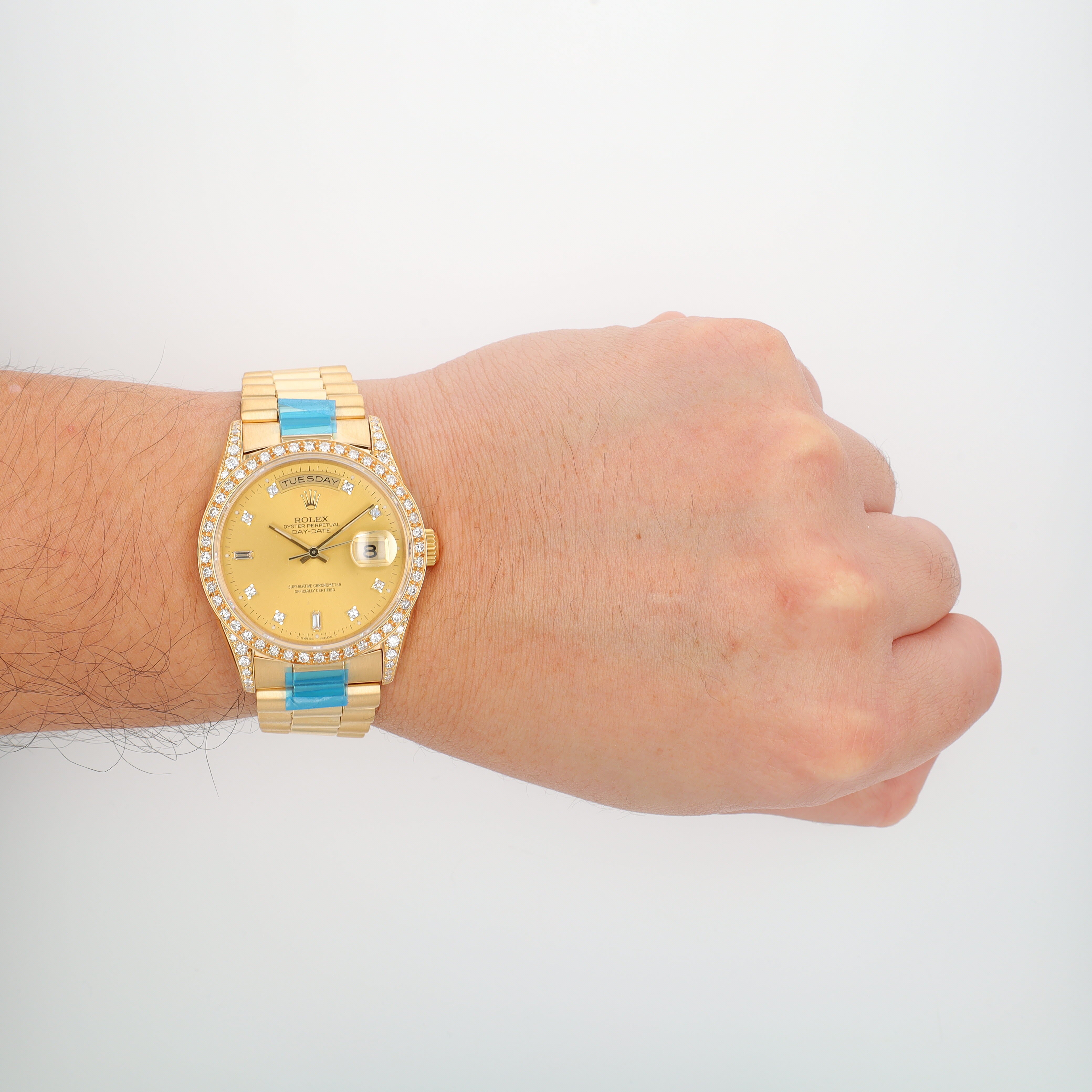 Rolex Day-Date 18238 36mm Champagne 8+2 Baguette Diamond Dial Diamond Pave Bezel President Band - Luxuriant Concierge