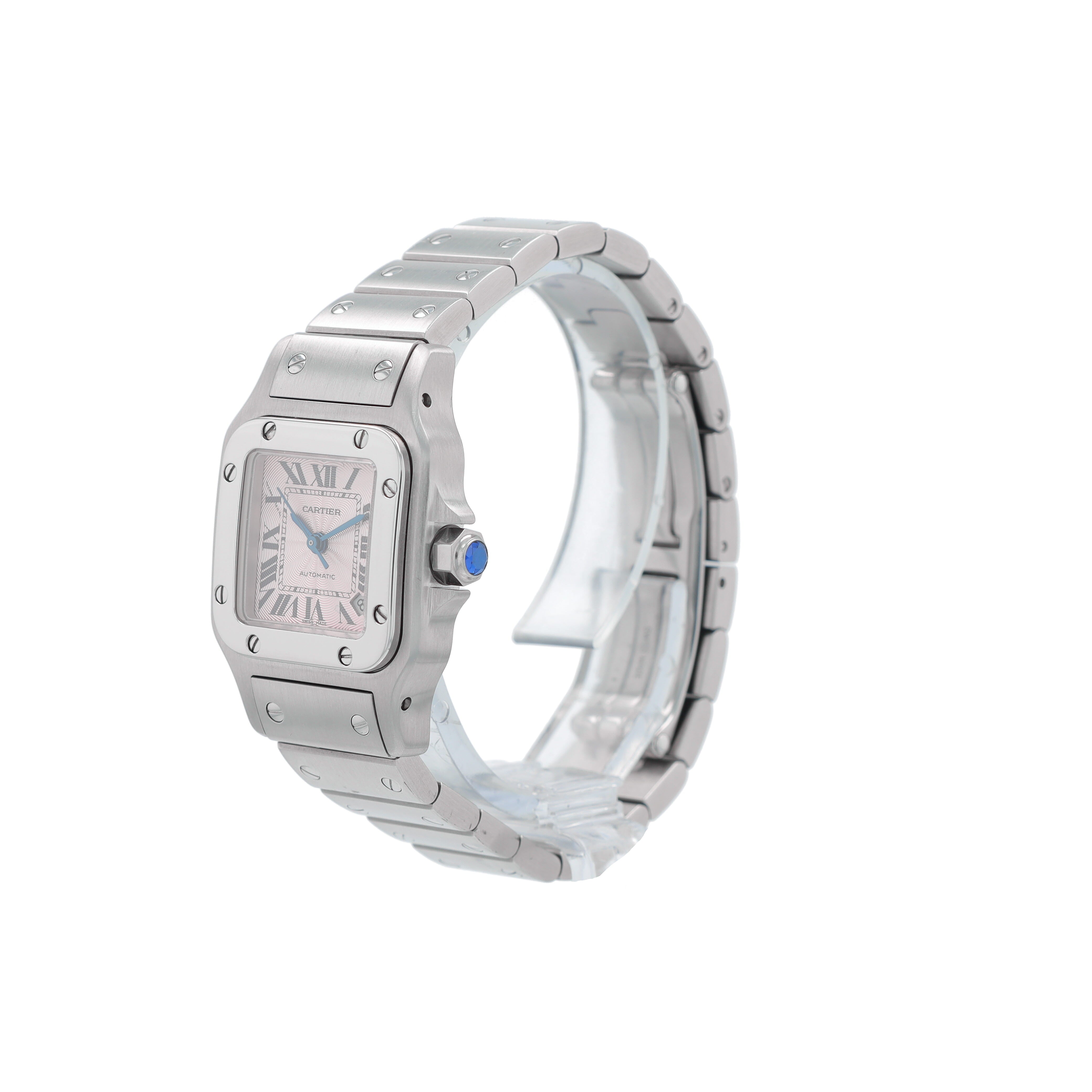 Cartier Santos 2423 Pink Roman Numeral Dial Fixed Bezel Cartier Stainless W/ Screws Band - Luxuriant Concierge