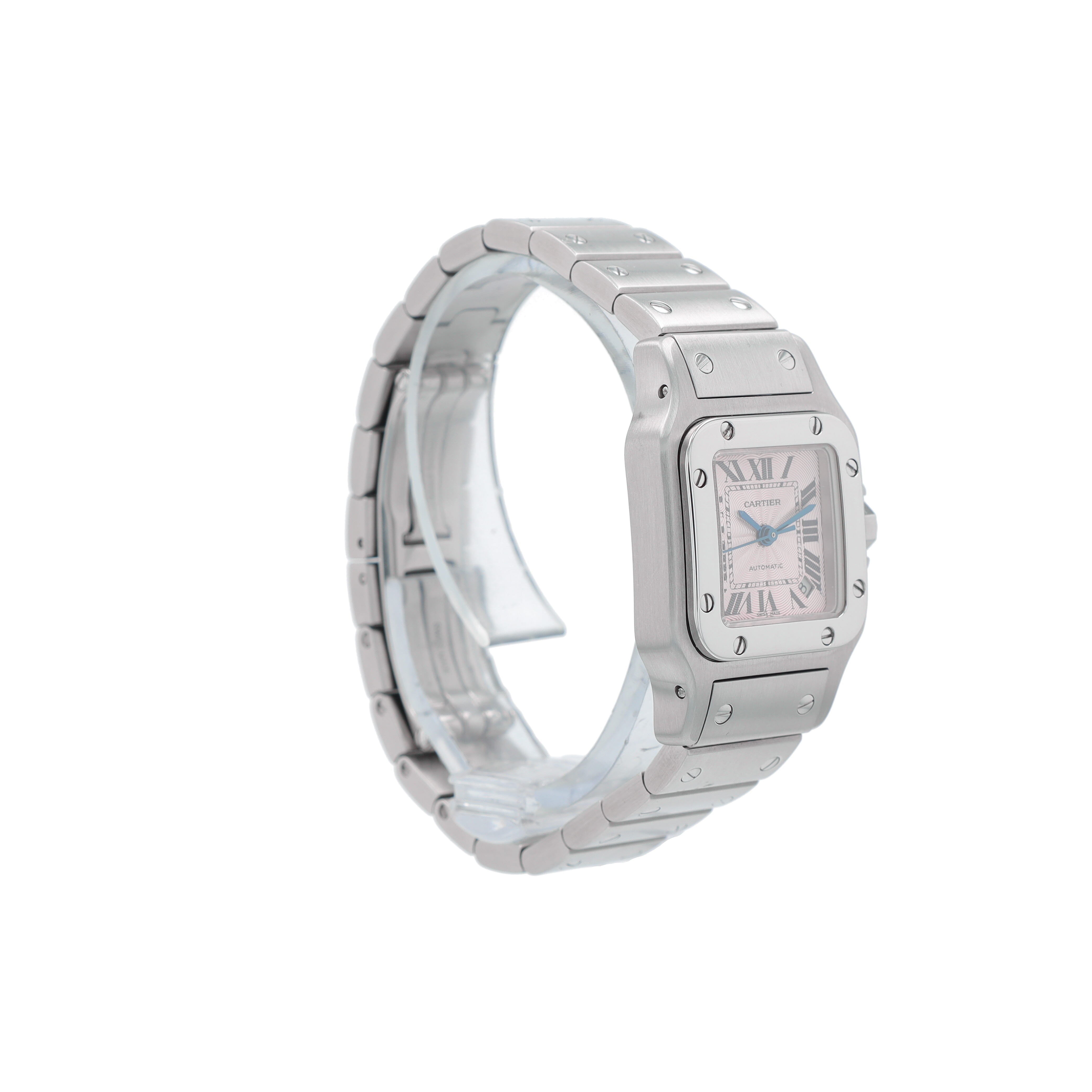 Cartier Santos 2423 Pink Roman Numeral Dial Fixed Bezel Cartier Stainless W/ Screws Band - Luxuriant Concierge