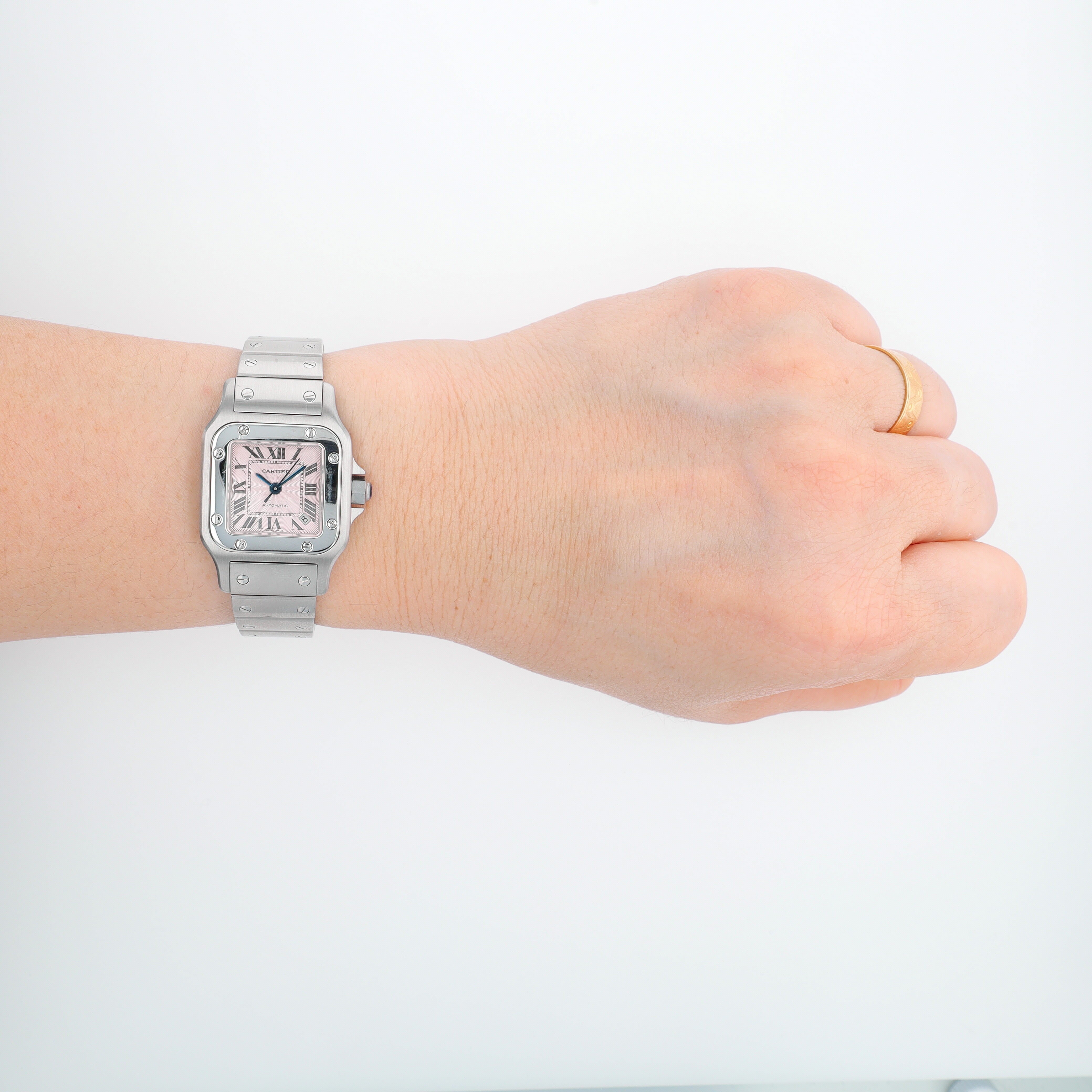 Cartier Santos 2423 Pink Roman Numeral Dial Fixed Bezel Cartier Stainless W/ Screws Band - Luxuriant Concierge