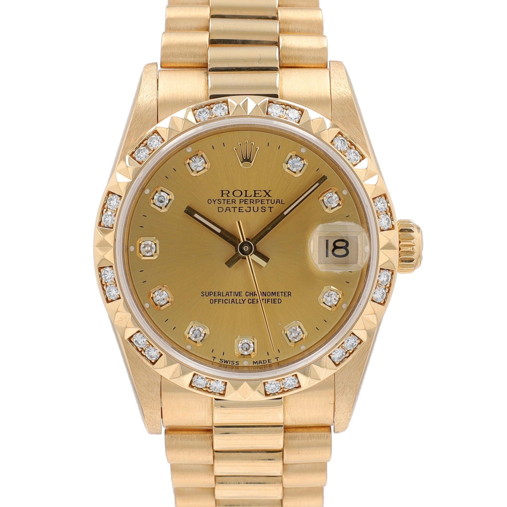 Rolex Datejust 68258 31mm Champagne Daimonds Dial Pyramid Bezel President Band - Luxuriant Concierge