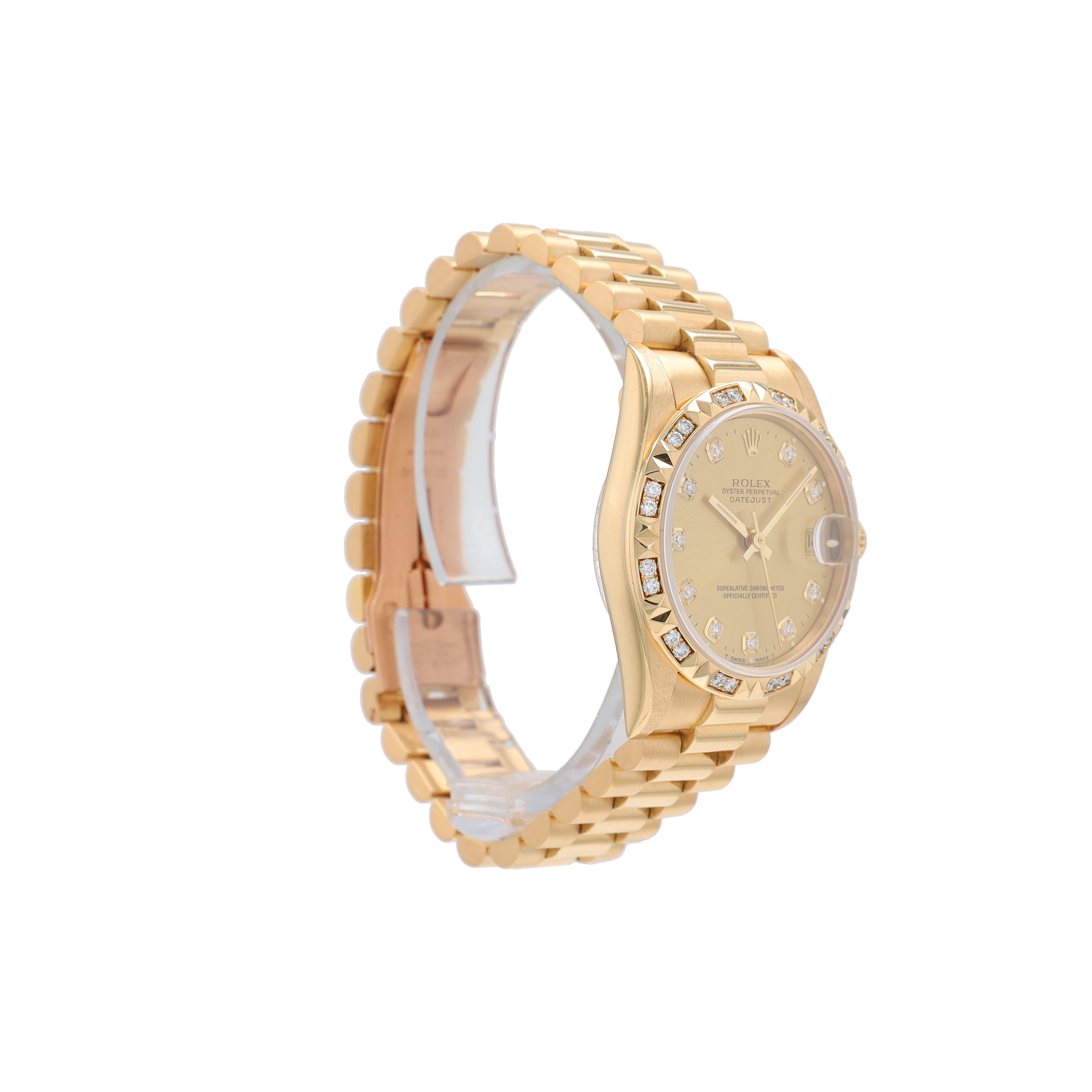 Rolex Datejust 68258 31mm Champagne Daimonds Dial Pyramid Bezel President Band - Luxuriant Concierge