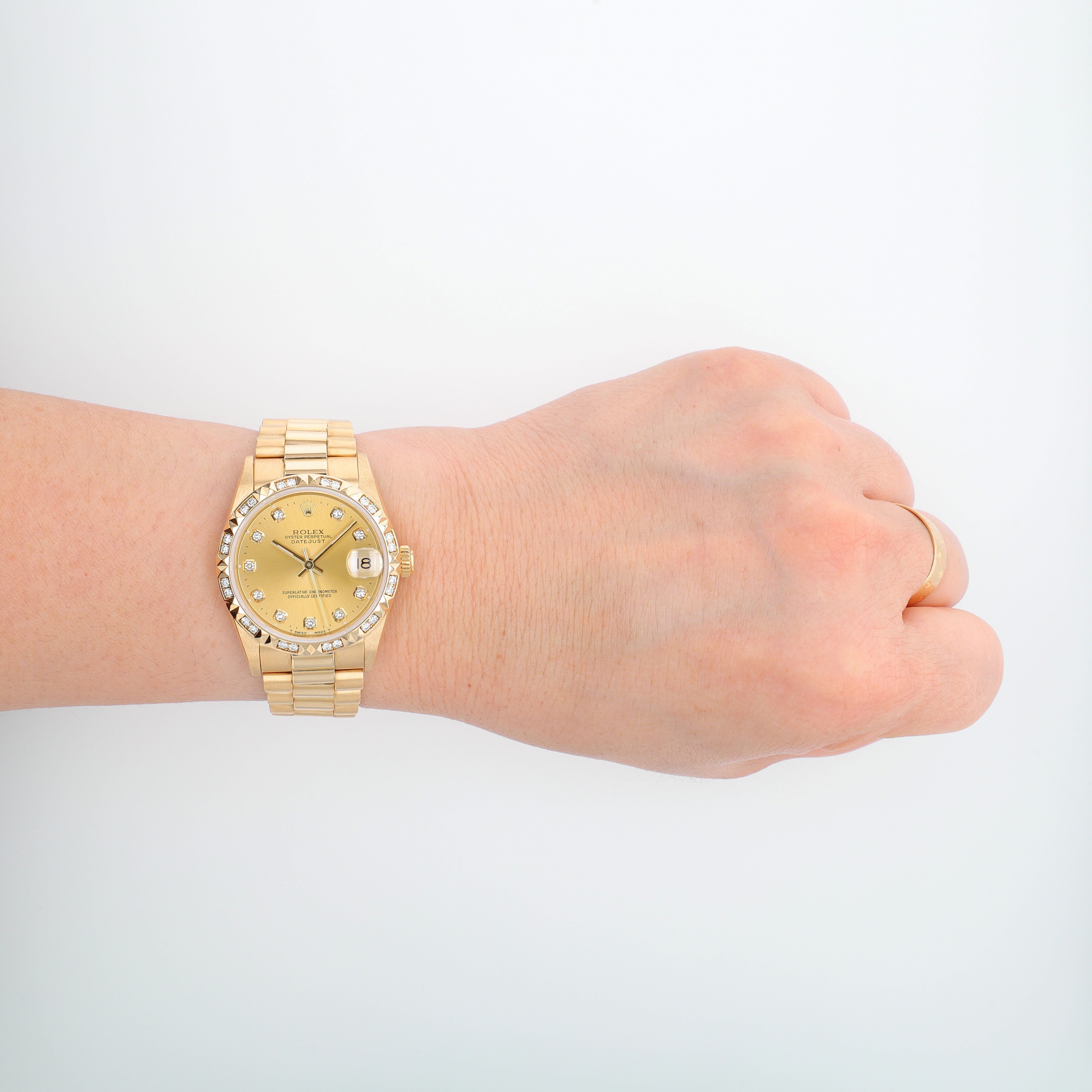 Rolex Datejust 68258 31mm Champagne Daimonds Dial Pyramid Bezel President Band - Luxuriant Concierge