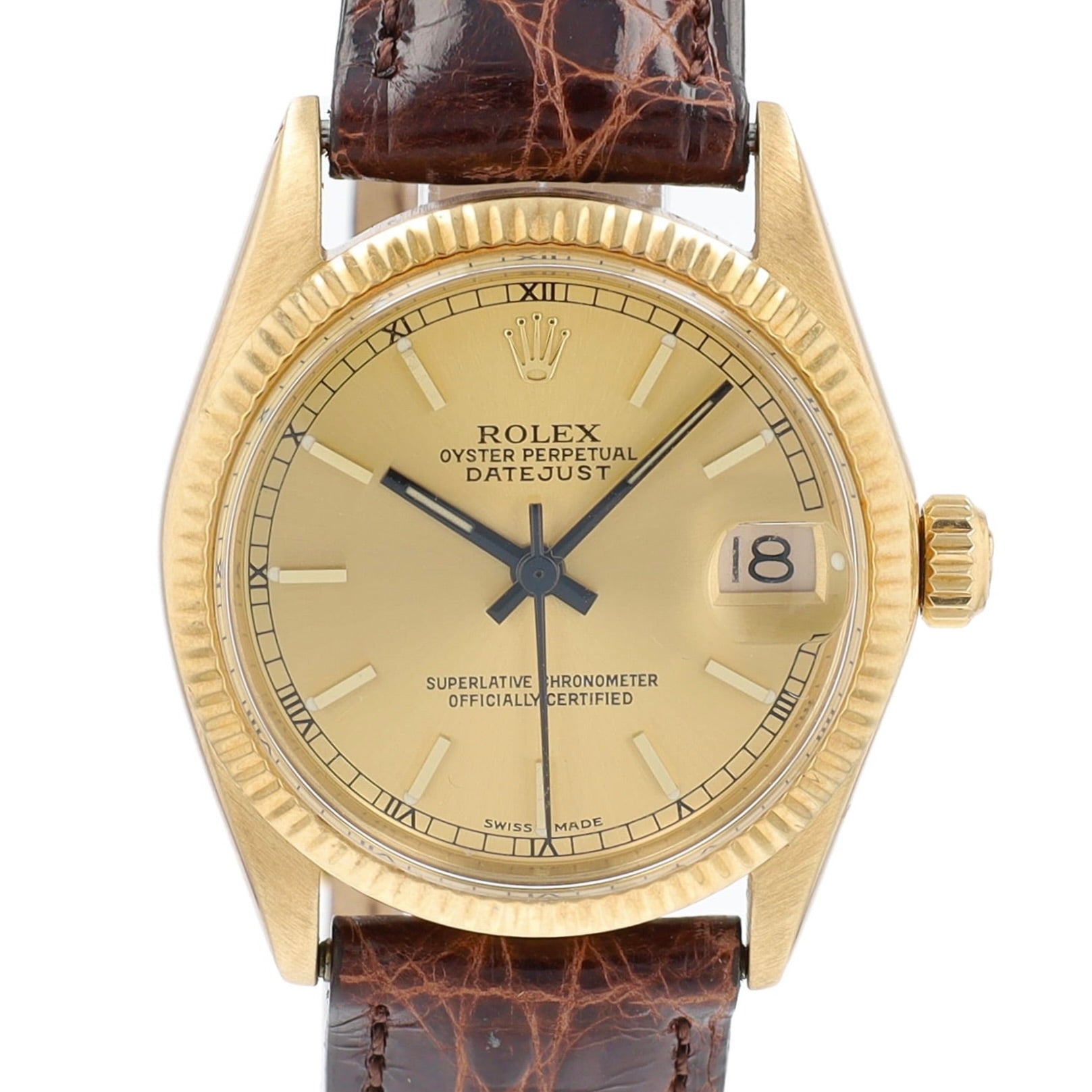 Rolex Datejust 6827 31mm Champagne Index Dial Fluted Bezel Dark Brown Band