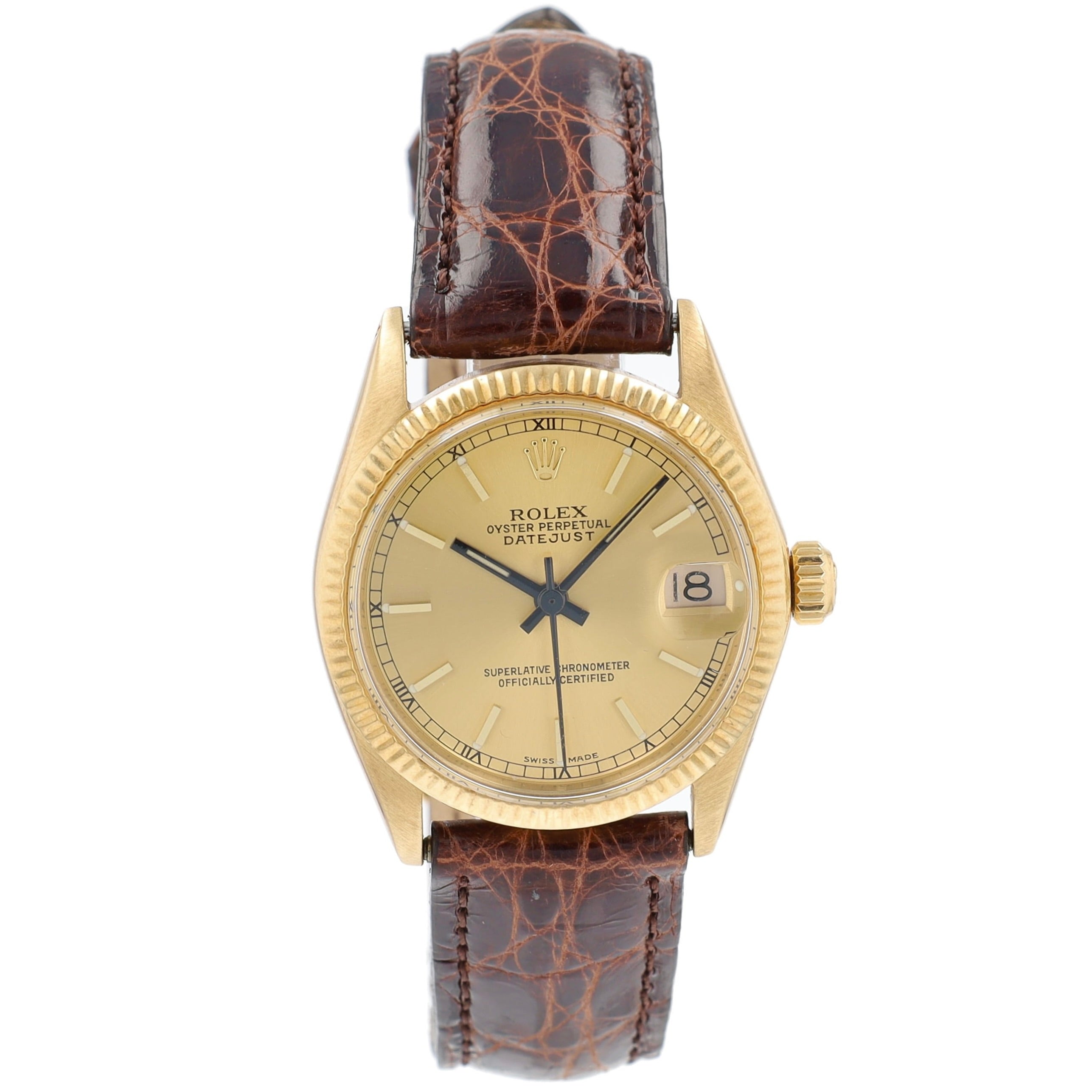 Rolex Datejust 6827 31mm Champagne Index Dial Fluted Bezel Dark Brown Band