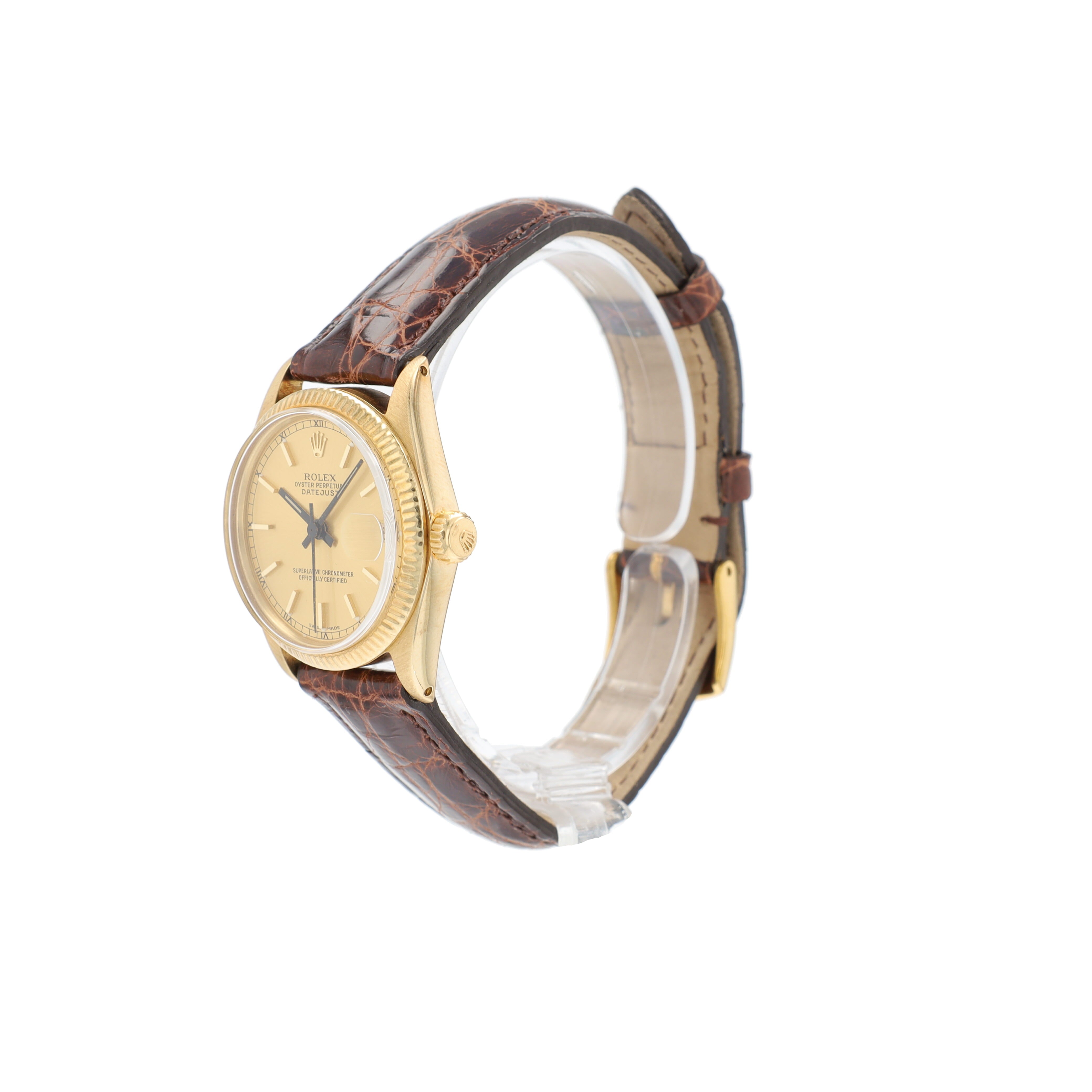 Rolex Datejust 6827 31mm Champagne Index Dial Fluted Bezel Dark Brown Band - Luxuriant Concierge