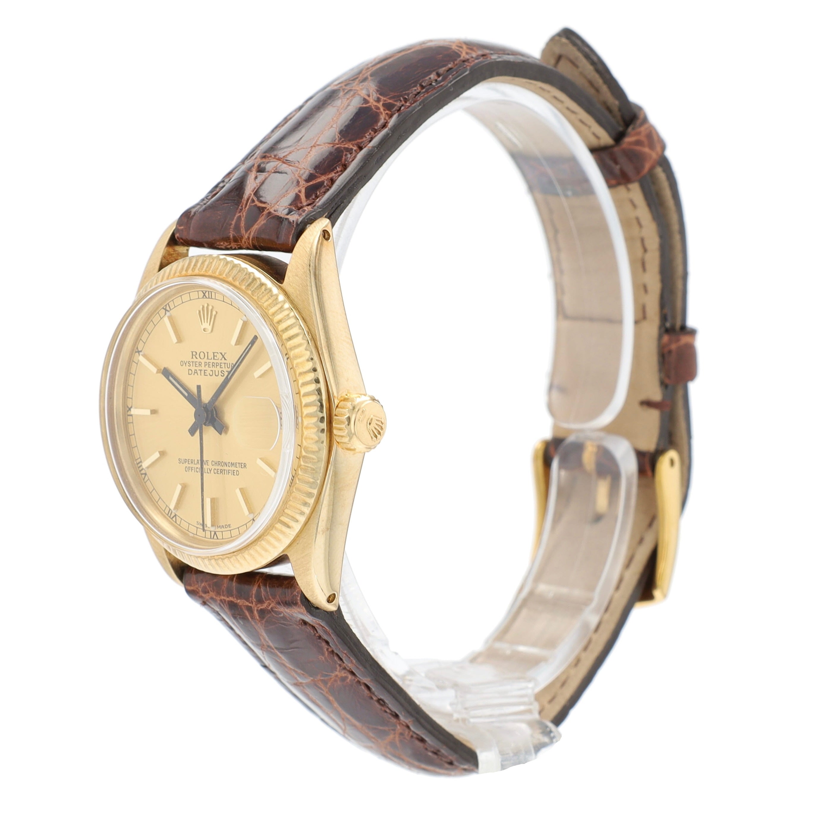 Rolex Datejust 6827 31mm Champagne Index Dial Fluted Bezel Dark Brown Band