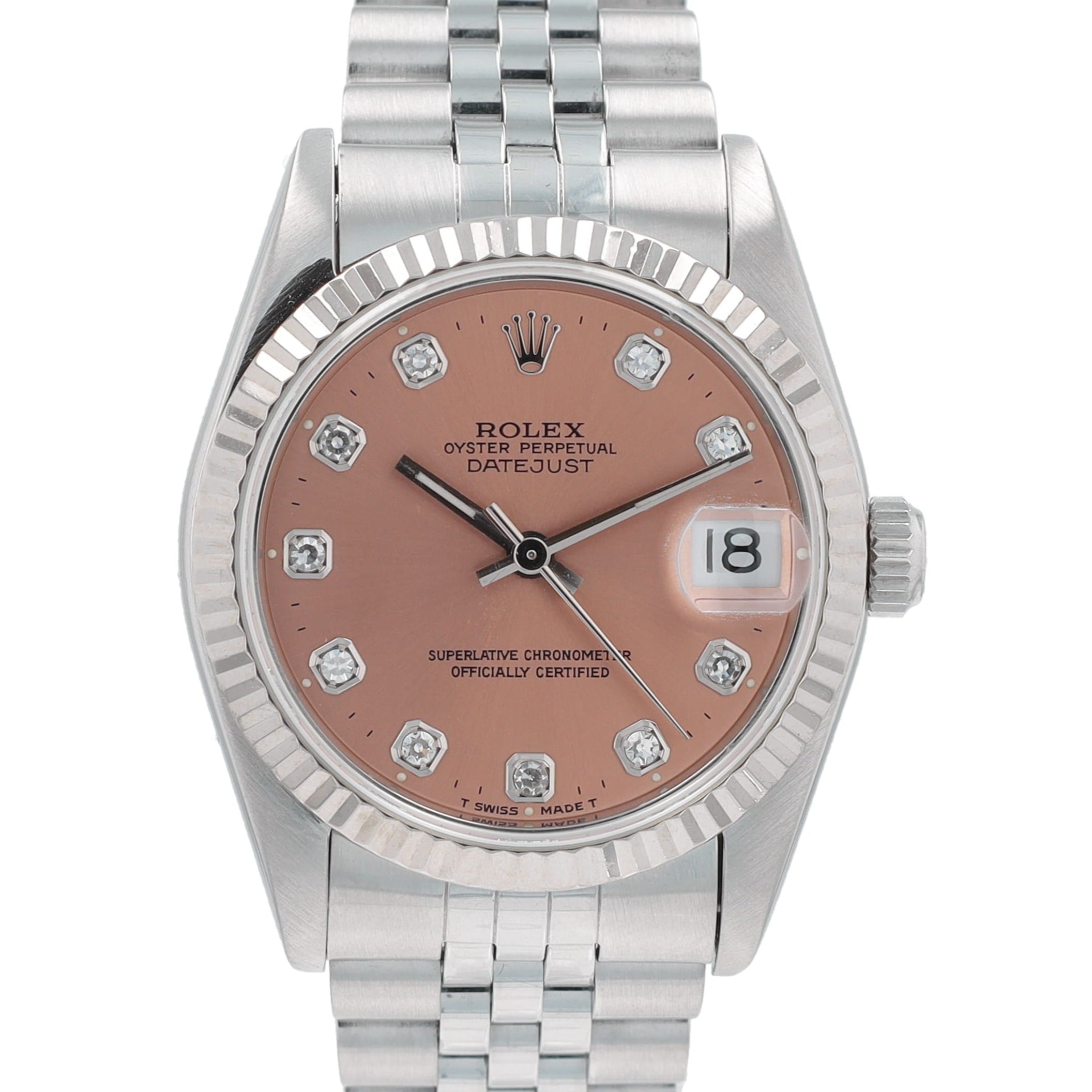 Rolex Datejust 68274 31mm Salmon Diamonds Dial Fluted Bezel Jubilee Band - Luxuriant Concierge