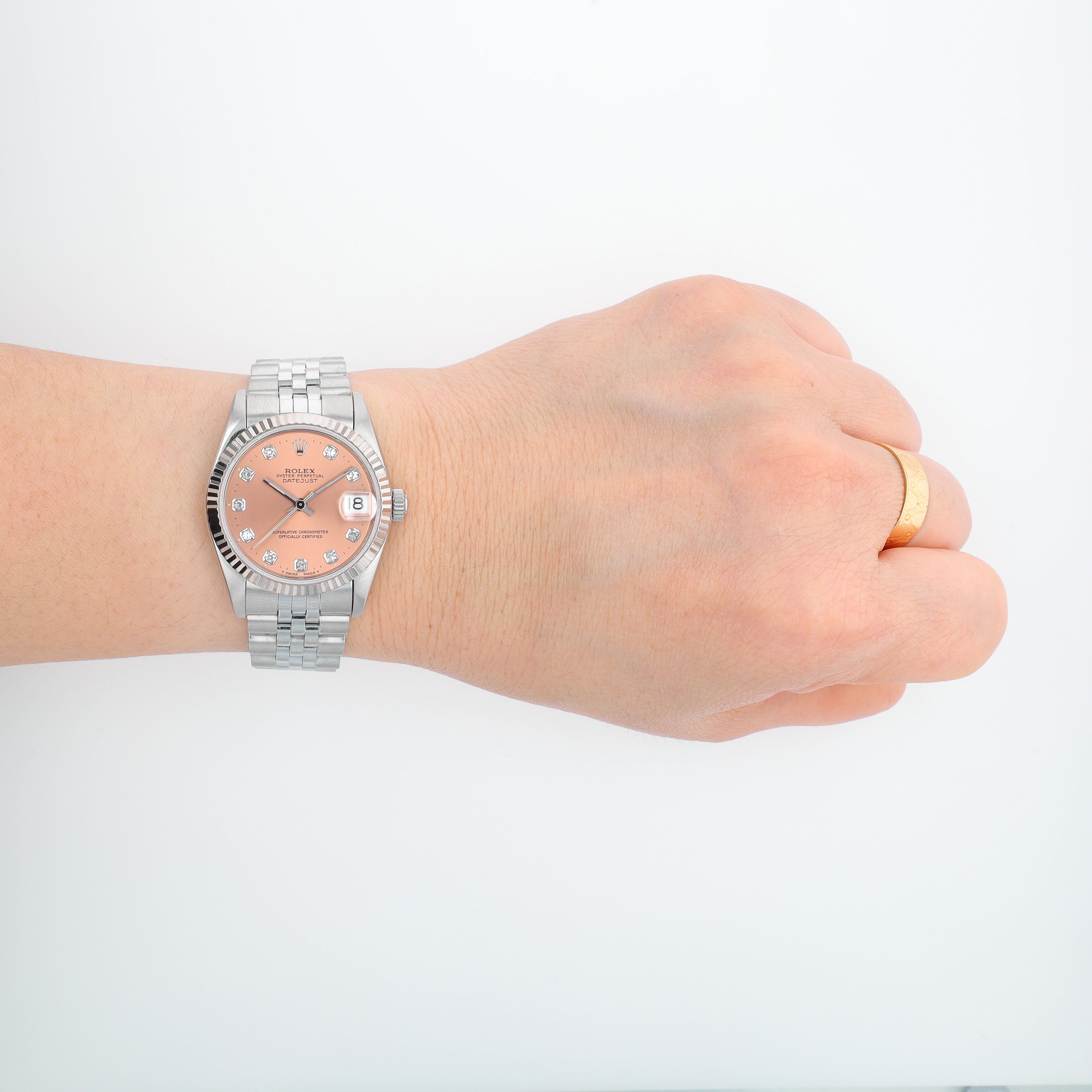 Rolex Datejust 68274 31mm Salmon Diamonds Dial Fluted Bezel Jubilee Band - Luxuriant Concierge