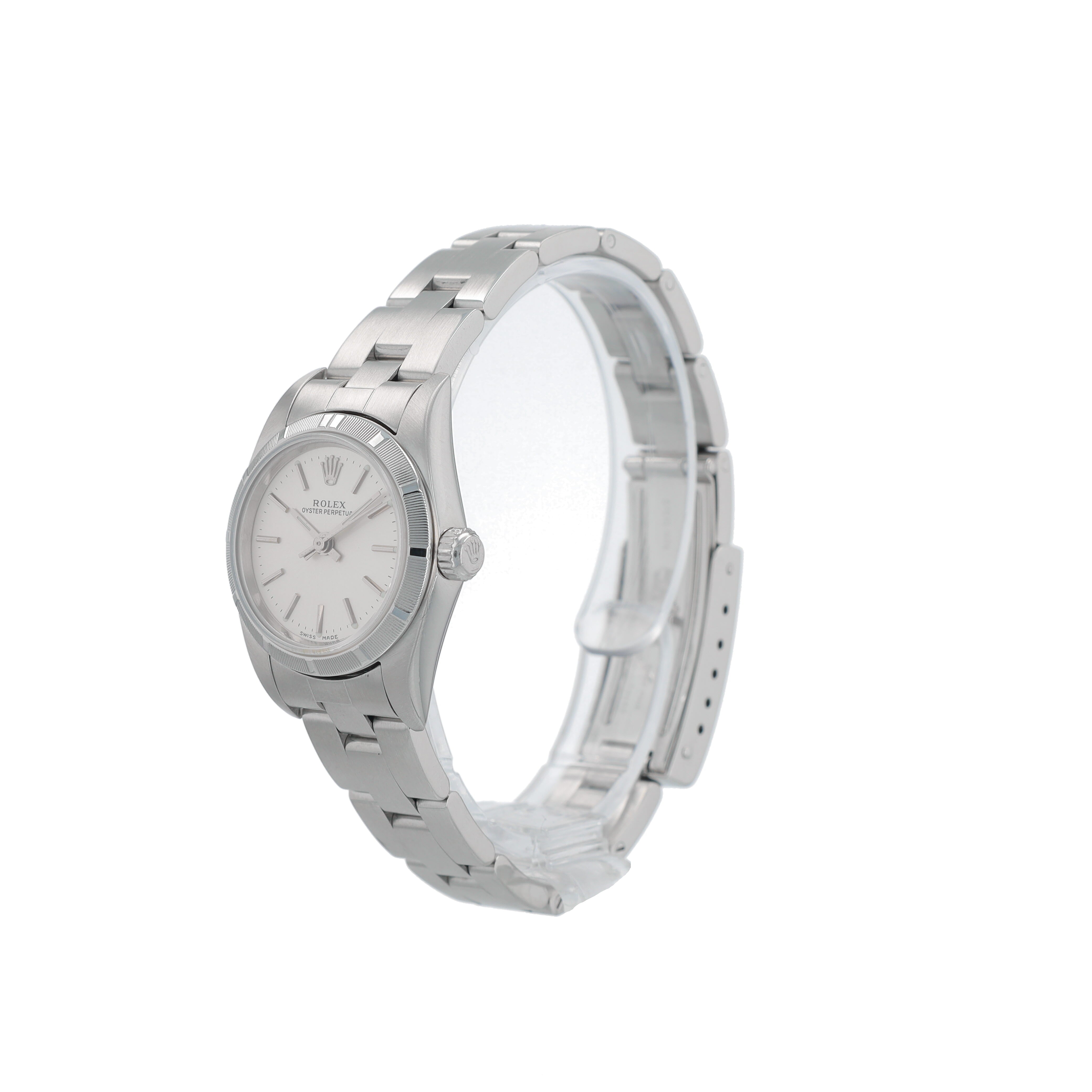 Rolex Oyster Perpetual 76030 26mm Silver Index Dial Engine Turned Bezel Oyster Band