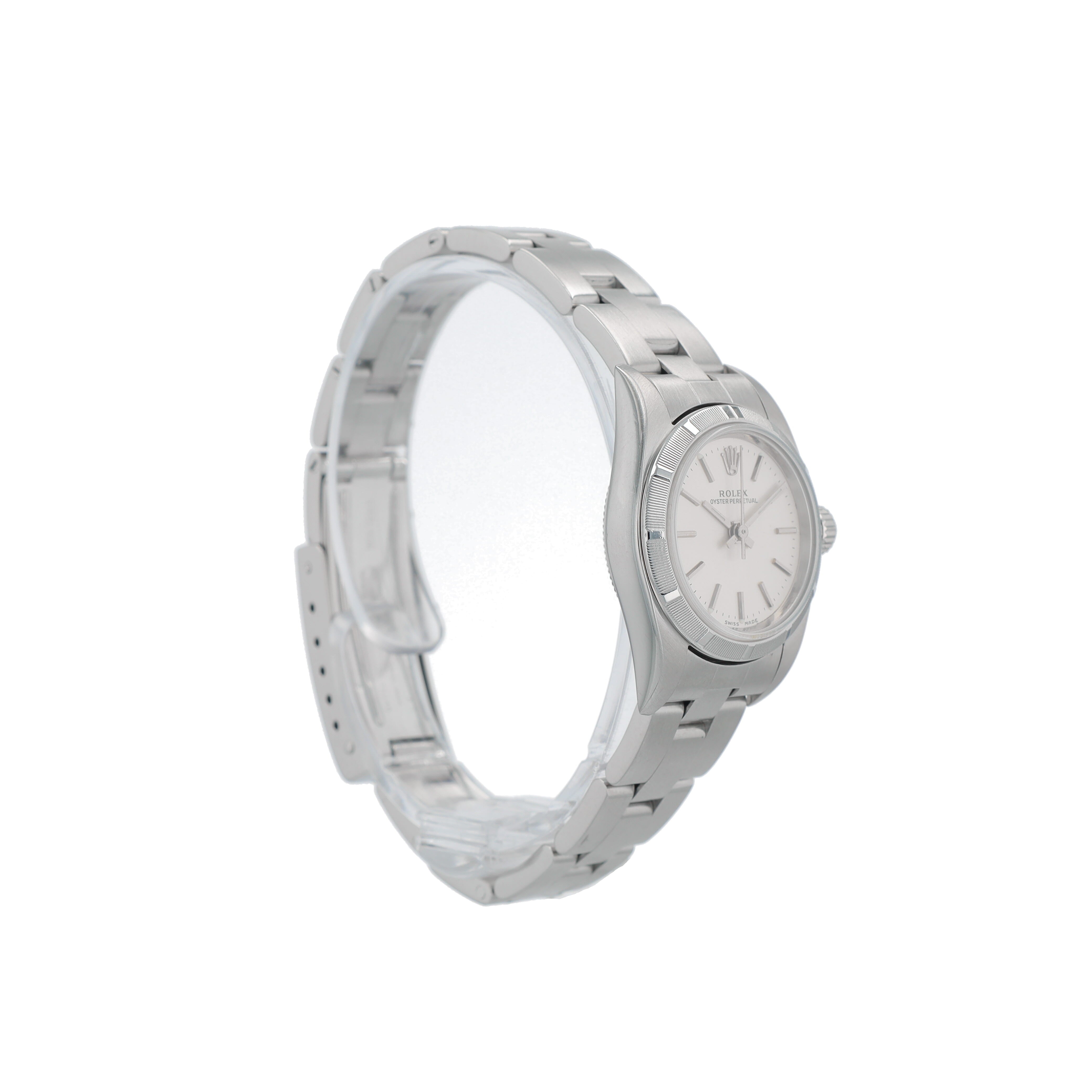 Rolex Oyster Perpetual 76030 26mm Silver Index Dial Engine Turned Bezel Oyster Band