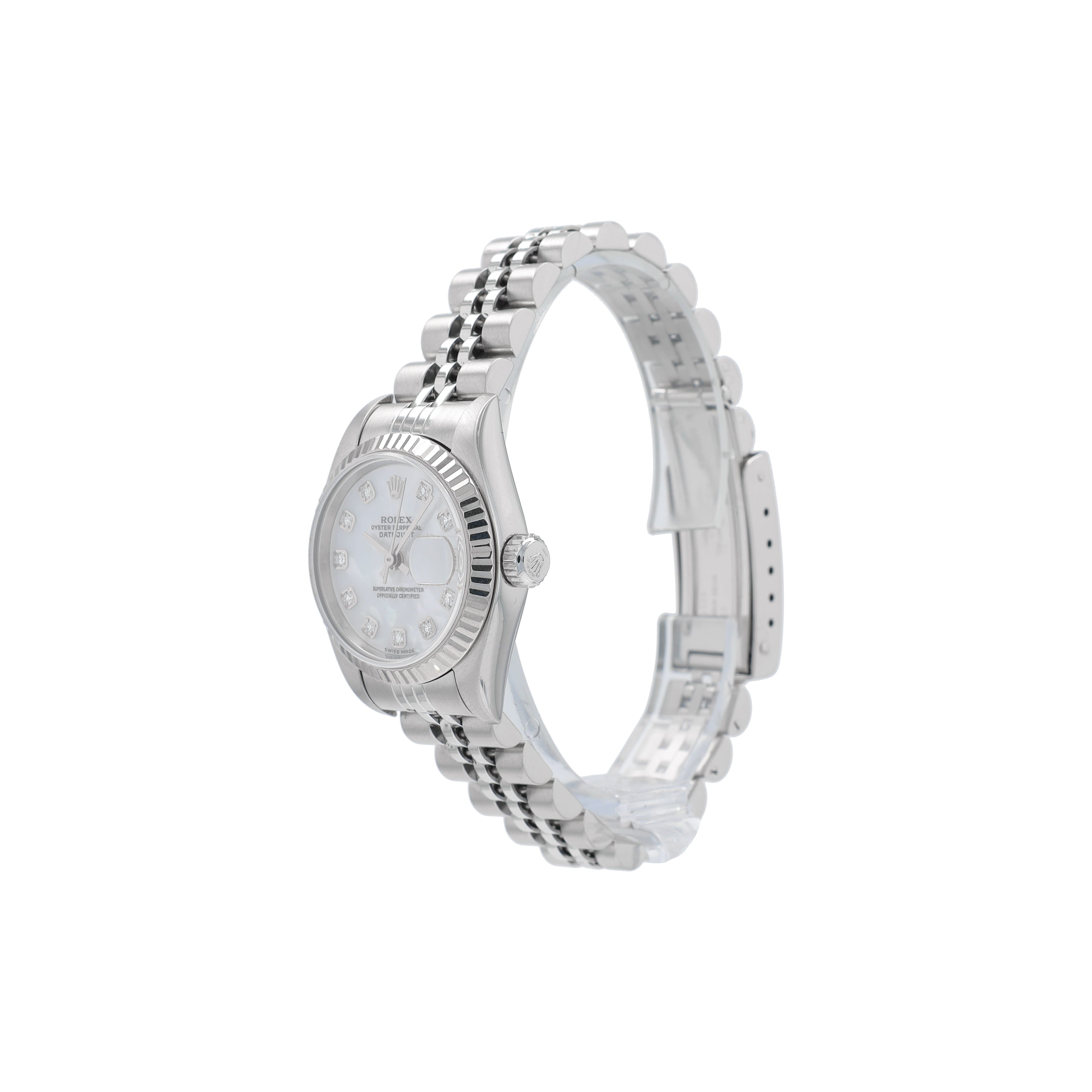 Rolex Datejust 79174 26mm White Mother of Pearl Diamond Dial Fluted Bezel Jubilee Band - Luxuriant Concierge