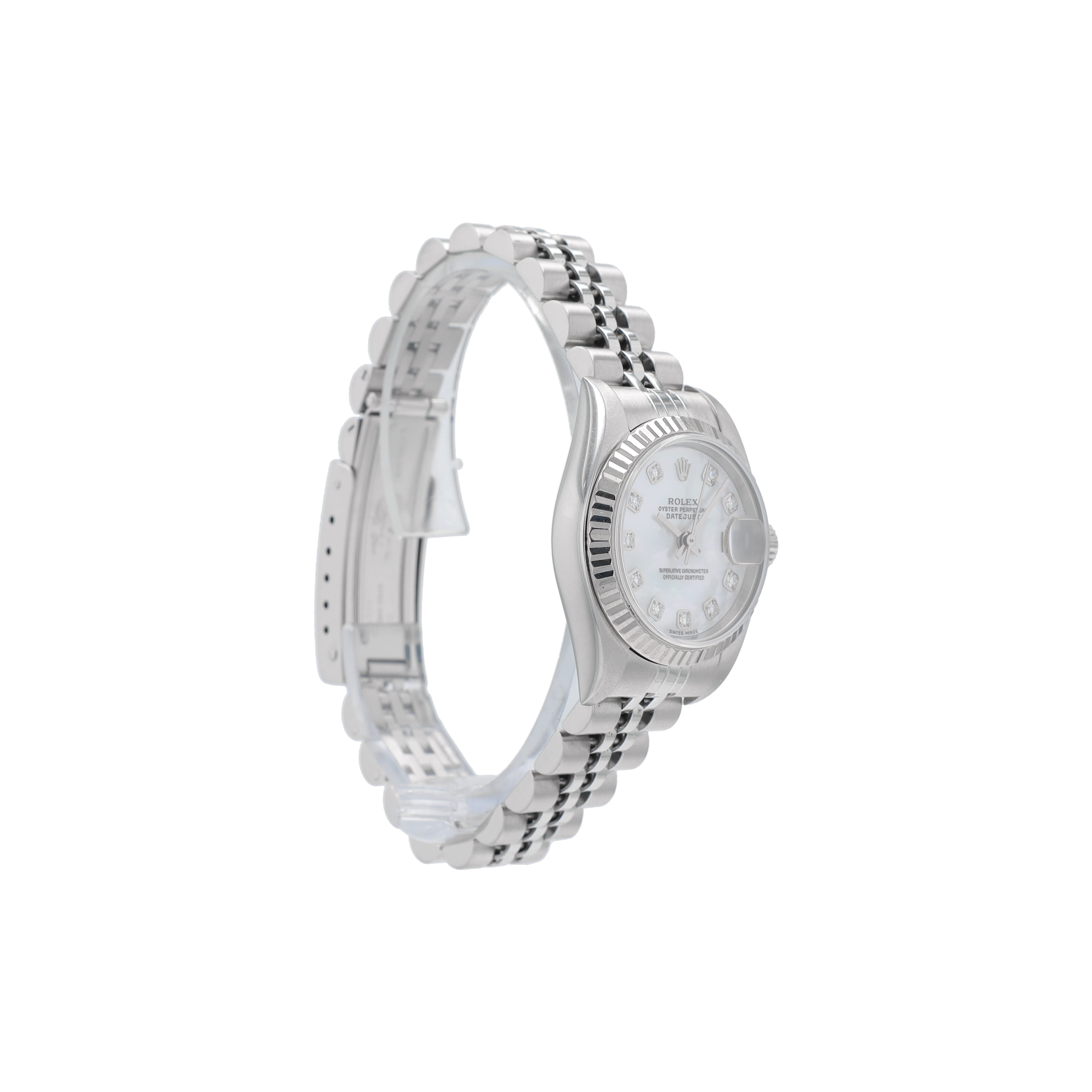 Rolex Datejust 79174 26mm White Mother of Pearl Diamond Dial Fluted Bezel Jubilee Band - Luxuriant Concierge