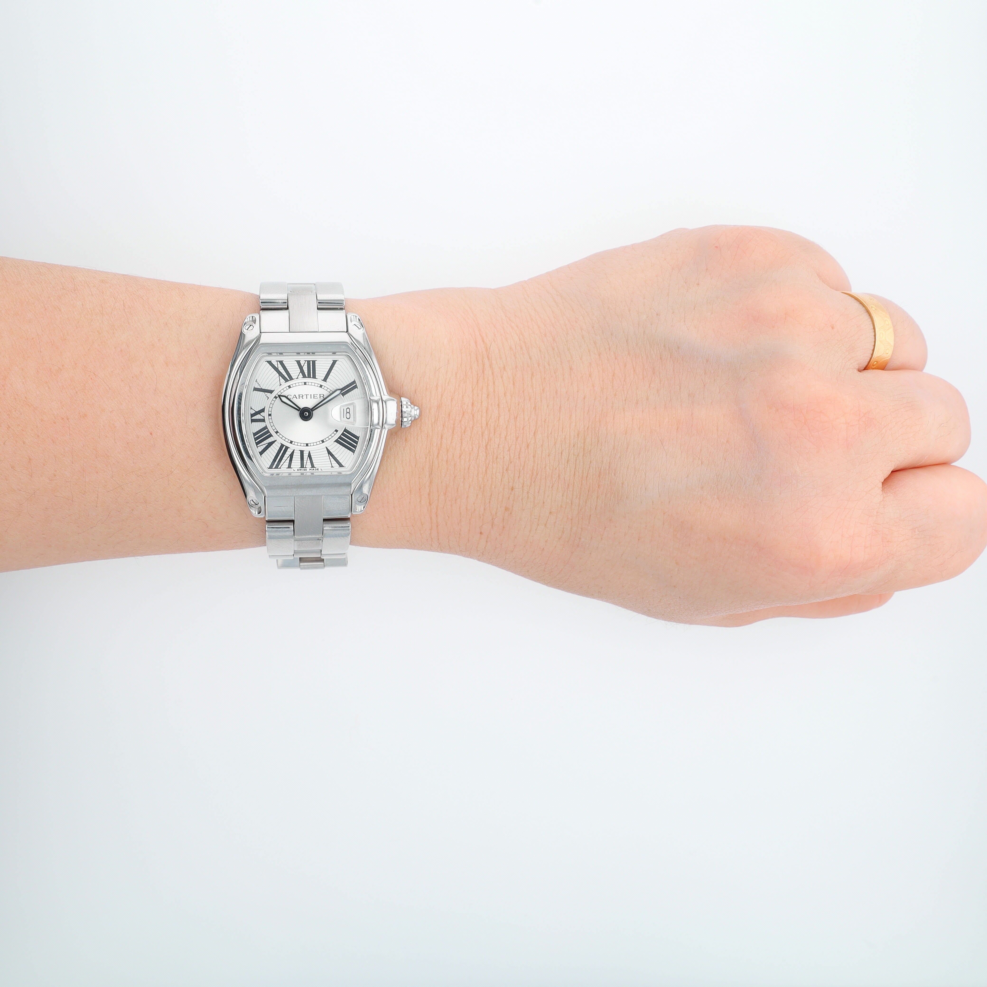 Cartier Roadster 2675 Silver Black Roman Numeral Dial Rectangle Bezel Roadster Band - Luxuriant Concierge