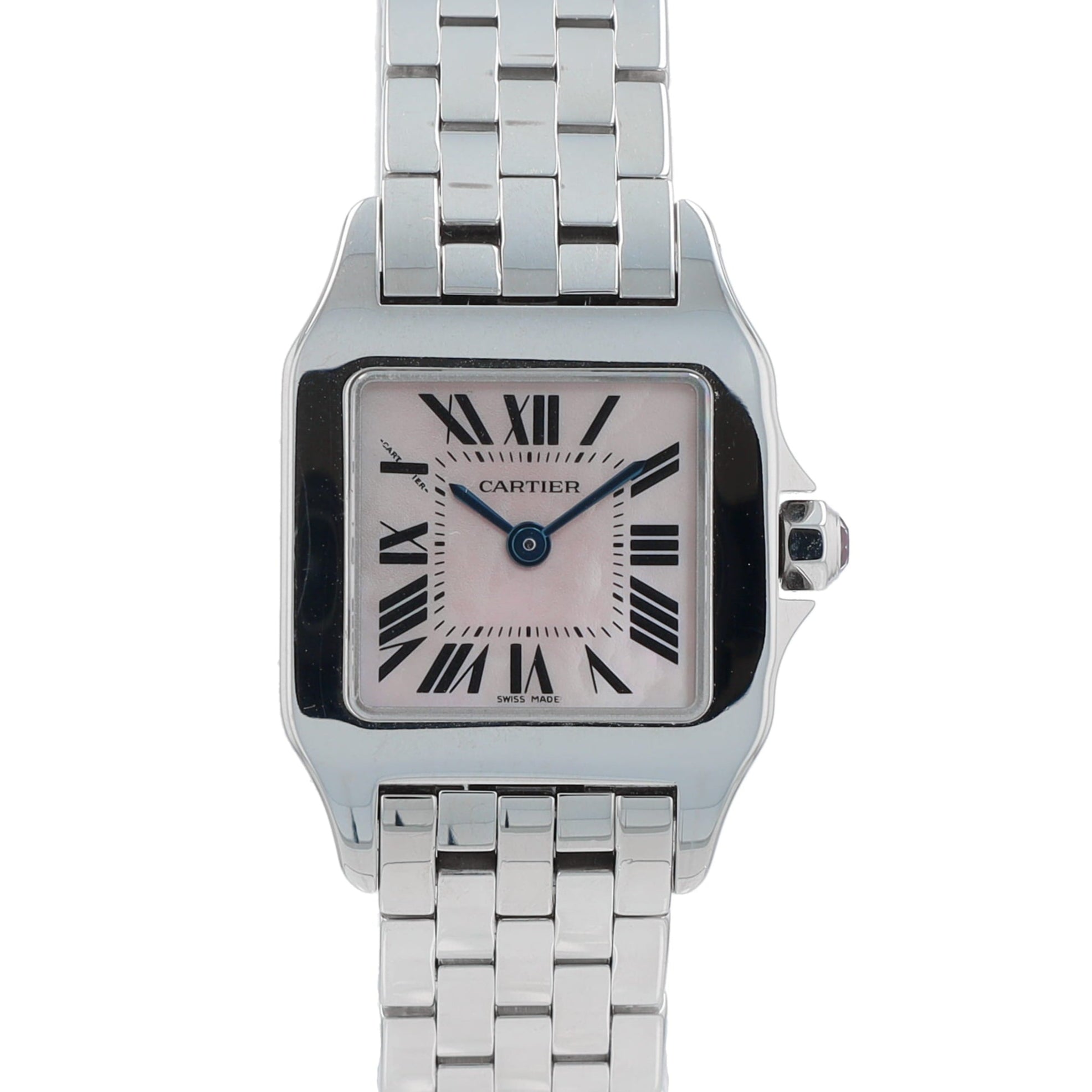 Cartier Santos Demoiselle 2698 Pink Mother of Pearl Roman Numeral Dial Fixed Bezel Cartier Band - Luxuriant Concierge