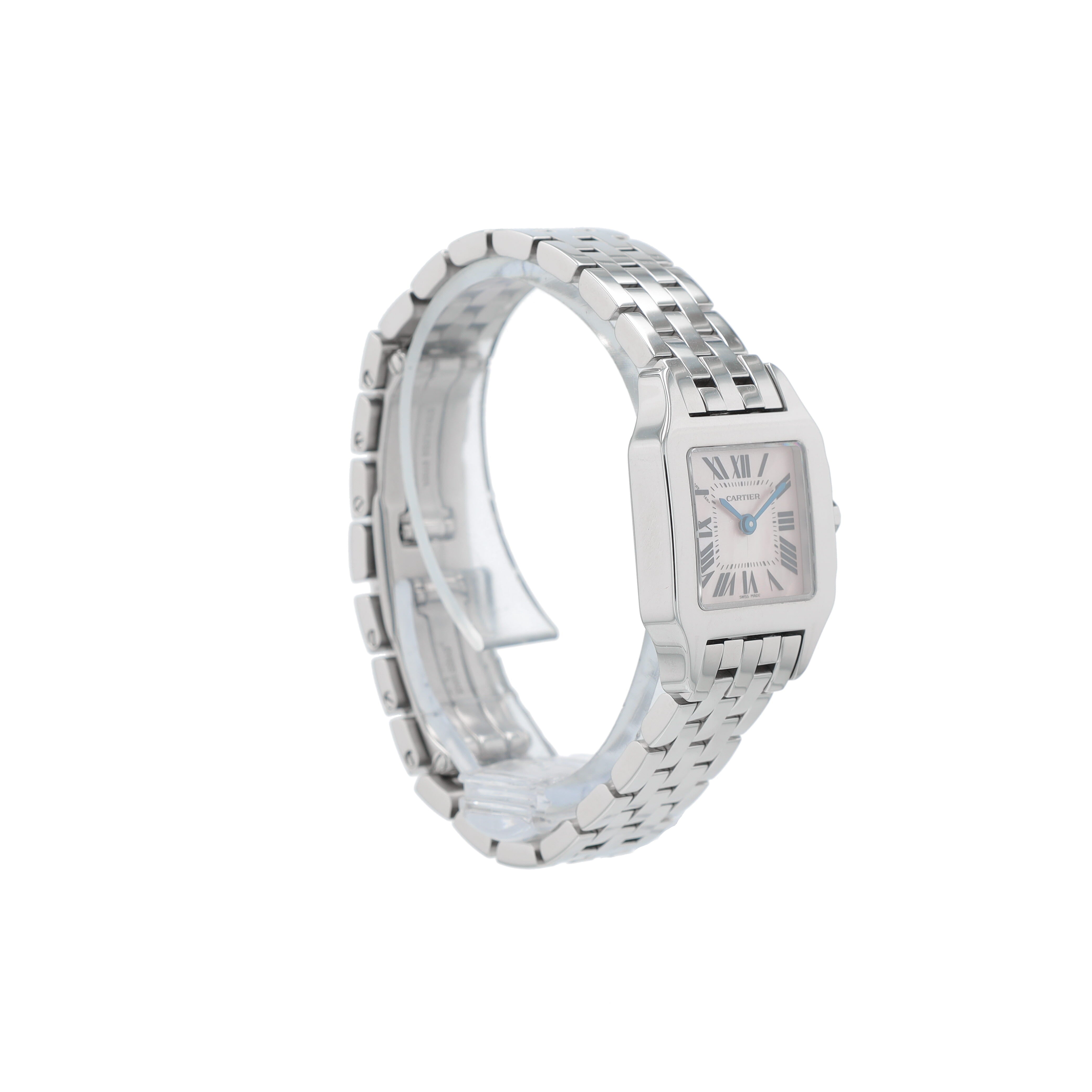 Cartier Santos Demoiselle 2698 Pink Mother of Pearl Roman Numeral Dial Fixed Bezel Cartier Band - Luxuriant Concierge