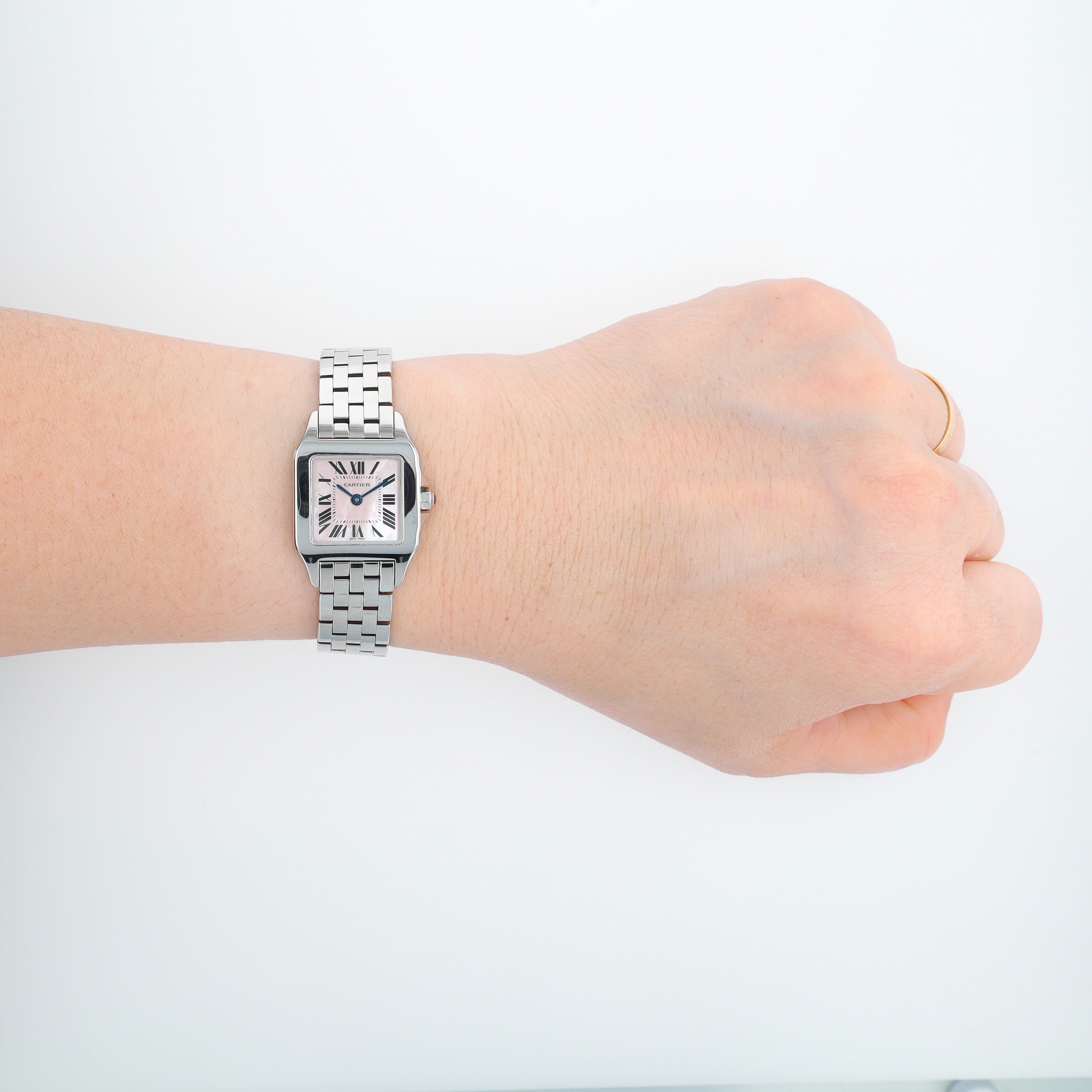 Cartier Santos Demoiselle 2698 Pink Mother of Pearl Roman Numeral Dial Fixed Bezel Cartier Band - Luxuriant Concierge