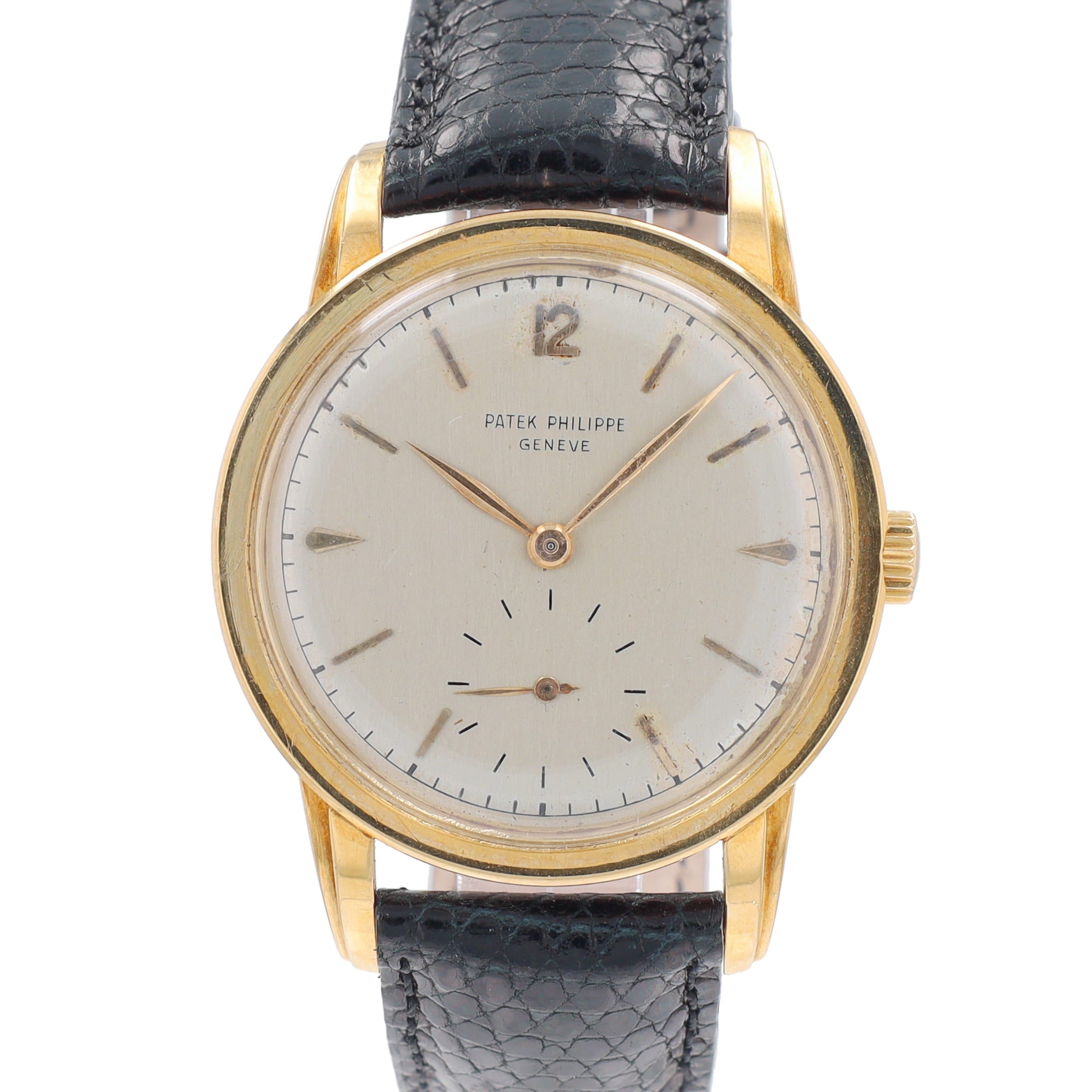 Vintage Patek Philippe 18KY 36mm Silver Index Dial with Black Snake Leather Band - Luxuriant Concierge