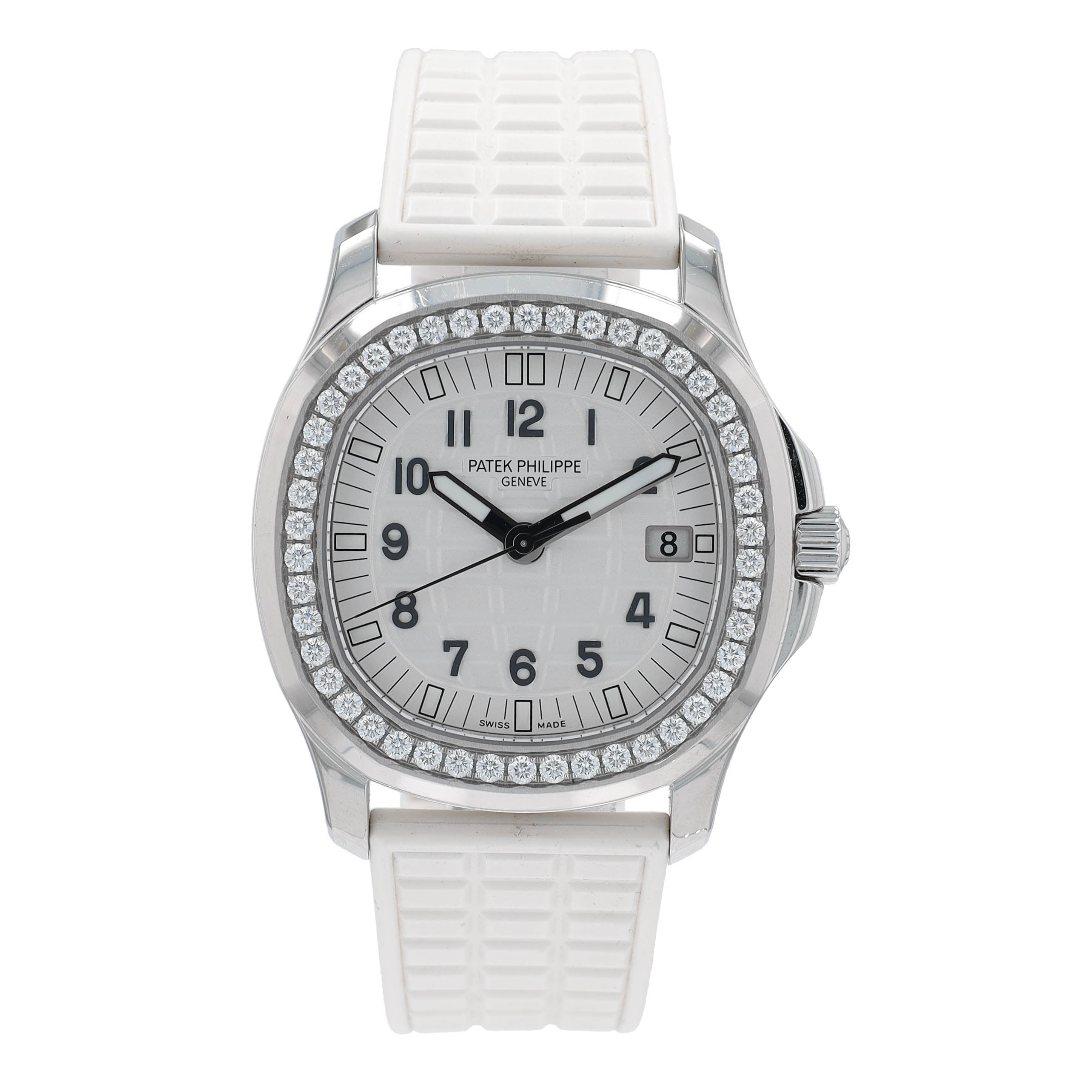 Patek Philippe Ladies Stainess Steel White Index - Arabic, Diamond Bezel, White Rubber Band