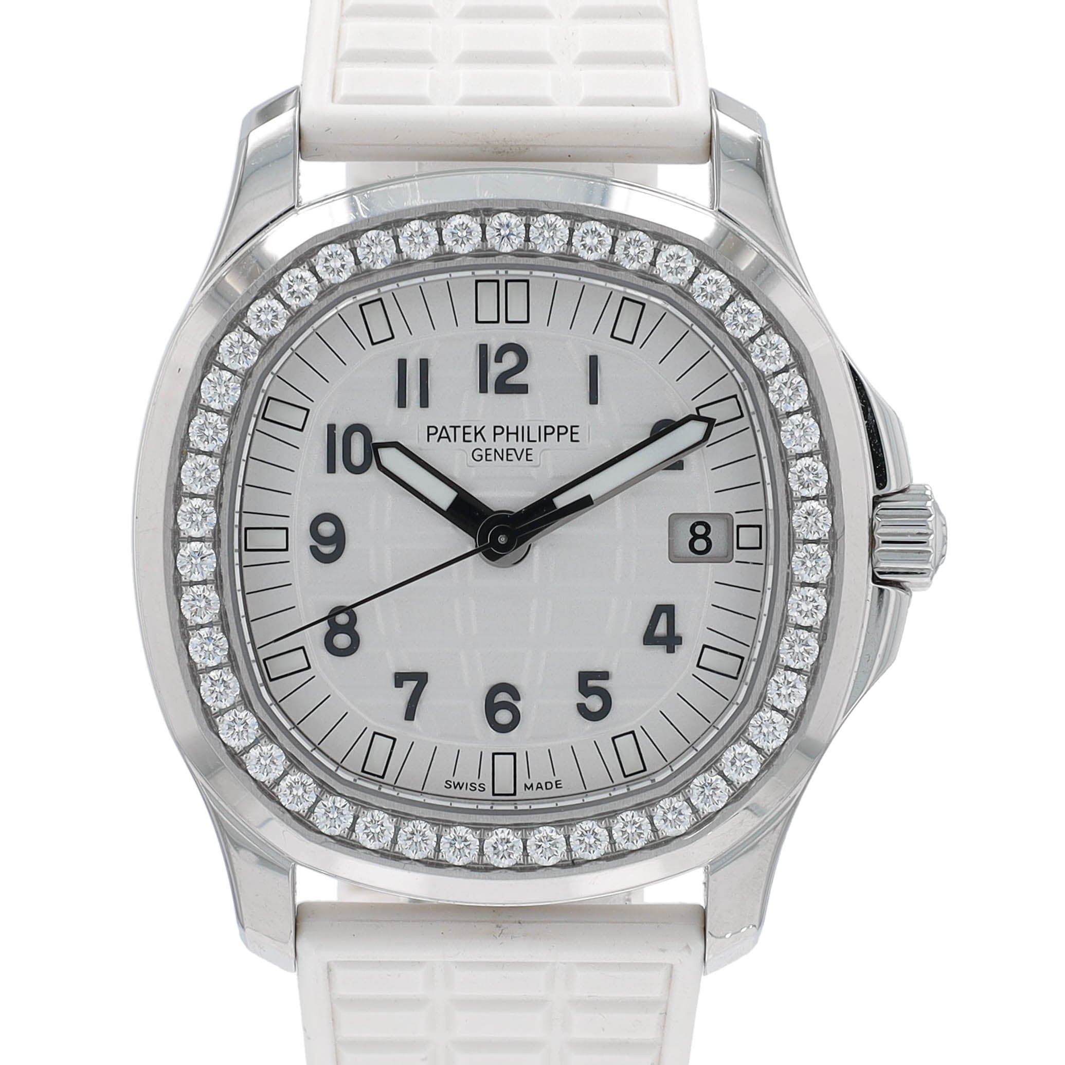 Patek Philippe Ladies Stainess Steel White Index - Arabic, Diamond Bezel, White Rubber Band