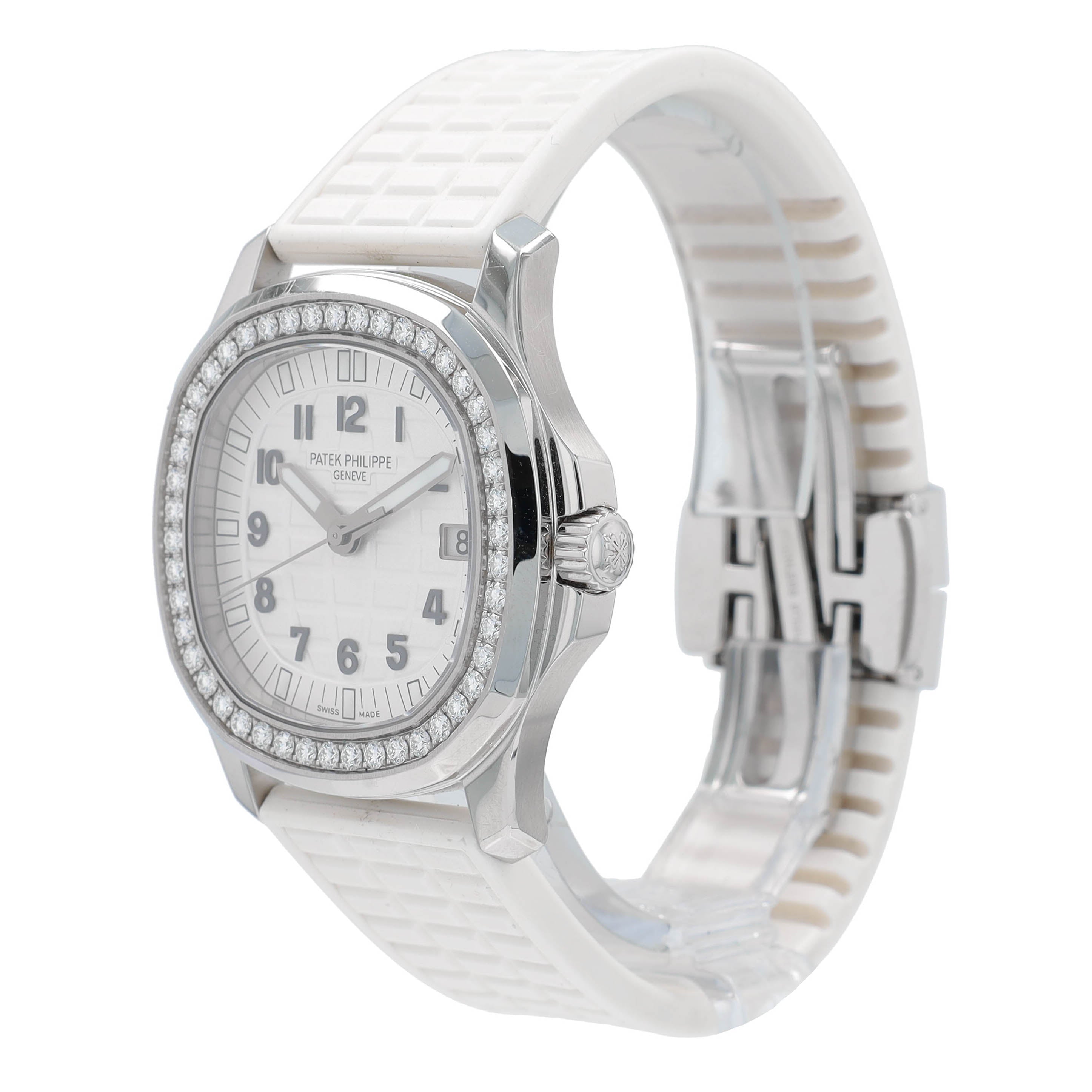 Patek Philippe Ladies Stainess Steel White Index - Arabic, Diamond Bezel, White Rubber Band