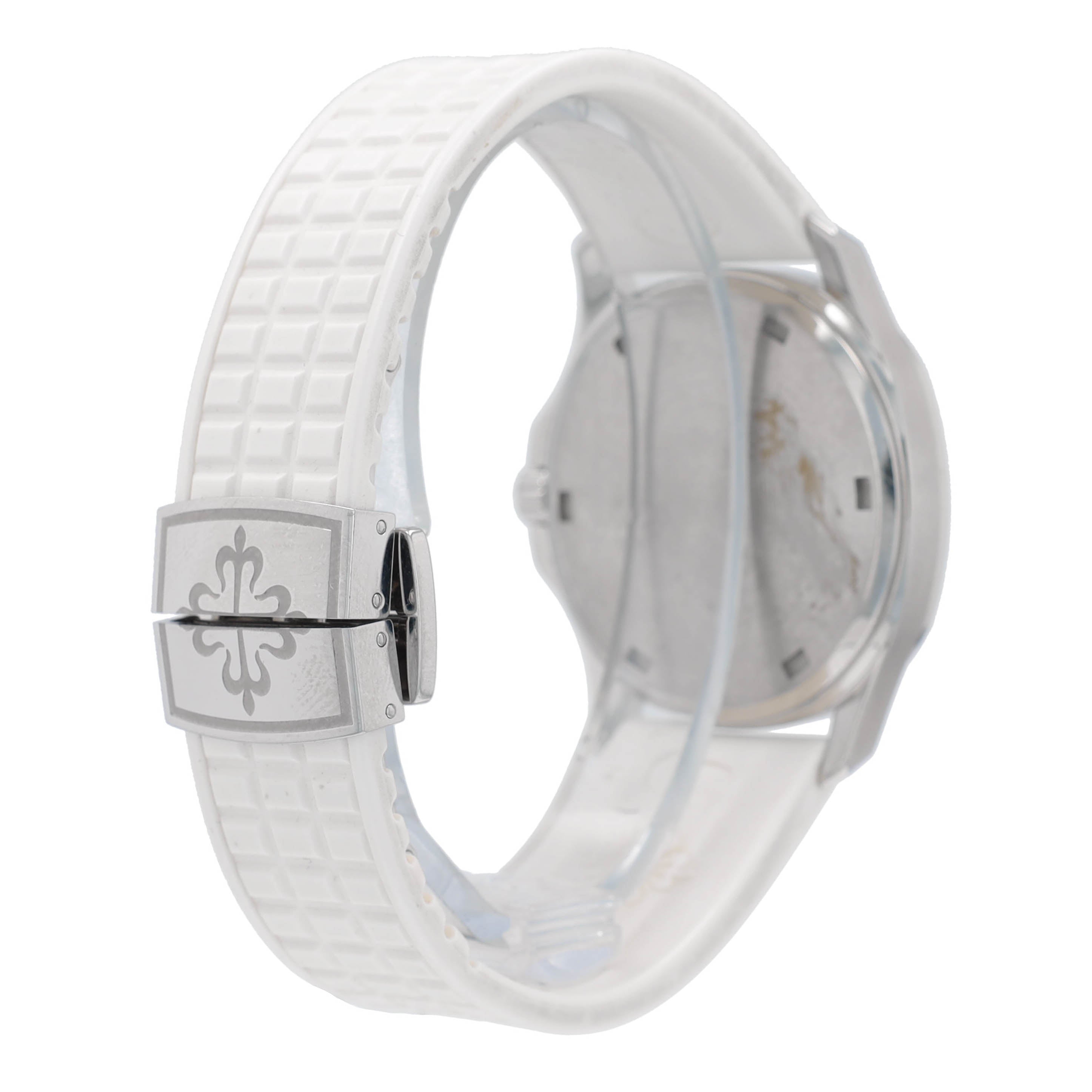 Patek Philippe Ladies Stainess Steel White Index - Arabic, Diamond Bezel, White Rubber Band