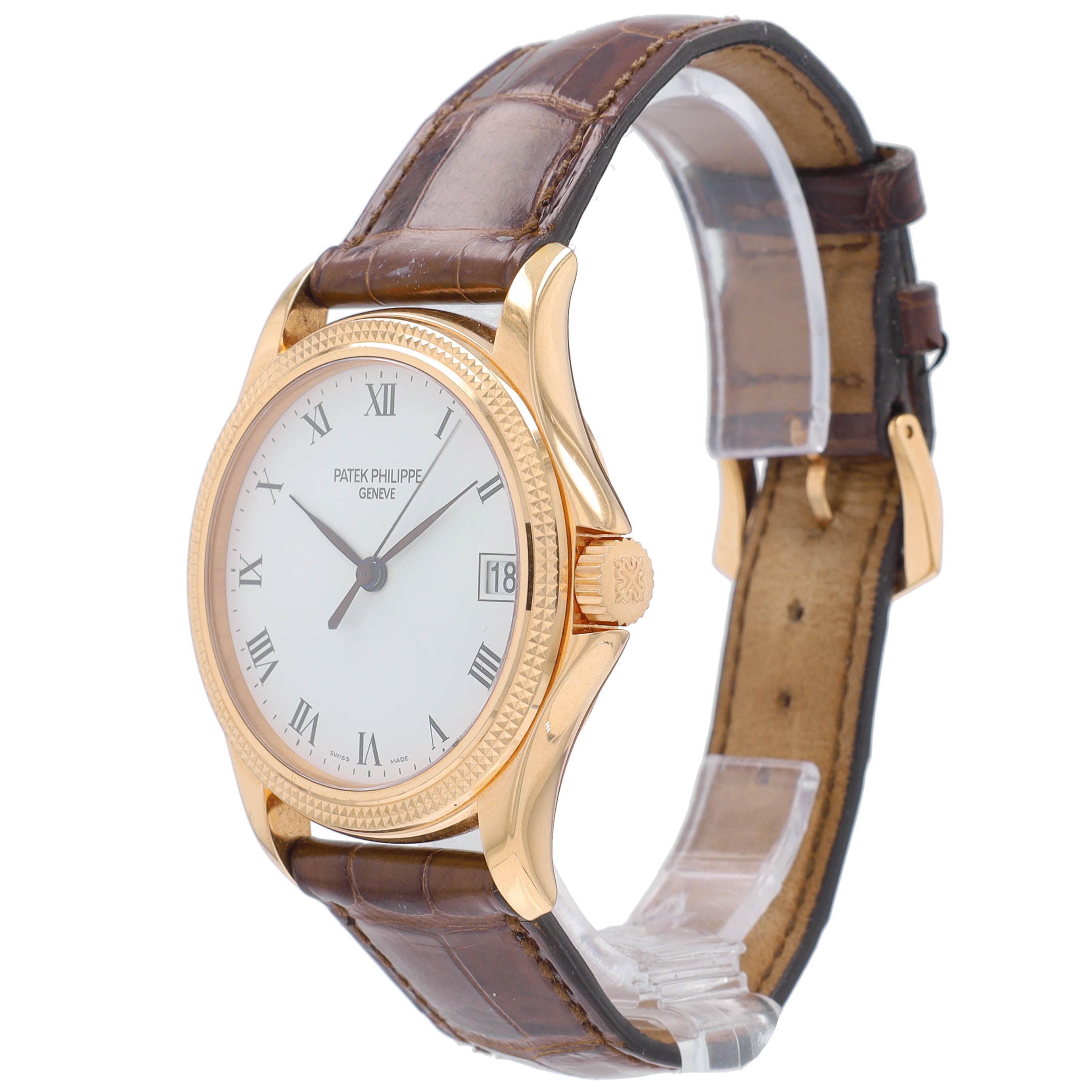 Patek Phillippe Calatrava Mens 18KY White Roman Dial Brown Leather Band w/ Box & Archive - Luxuriant Concierge