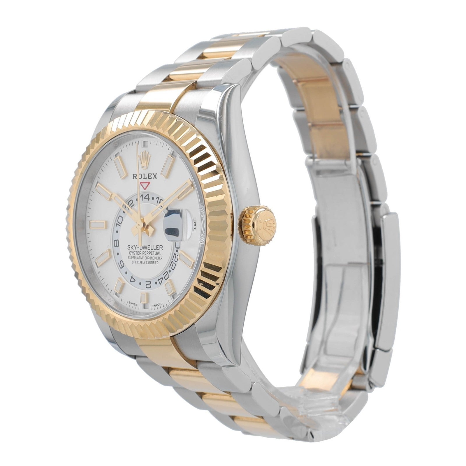 Rolex Sky-Dweller White 18K Yellow Gold Stainless Oyster 42mm 326933 - Luxuriant Concierge