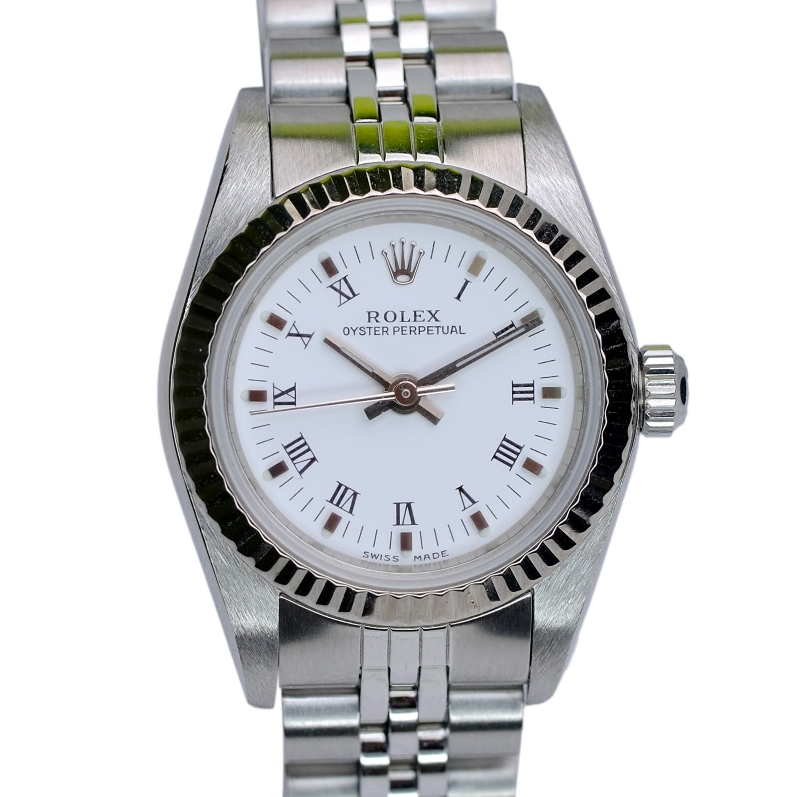 Rolex Ladies Watch Oyster Perpetual 18KW & SS White Dial Fluted Jubilee 76094 - Luxuriant Concierge